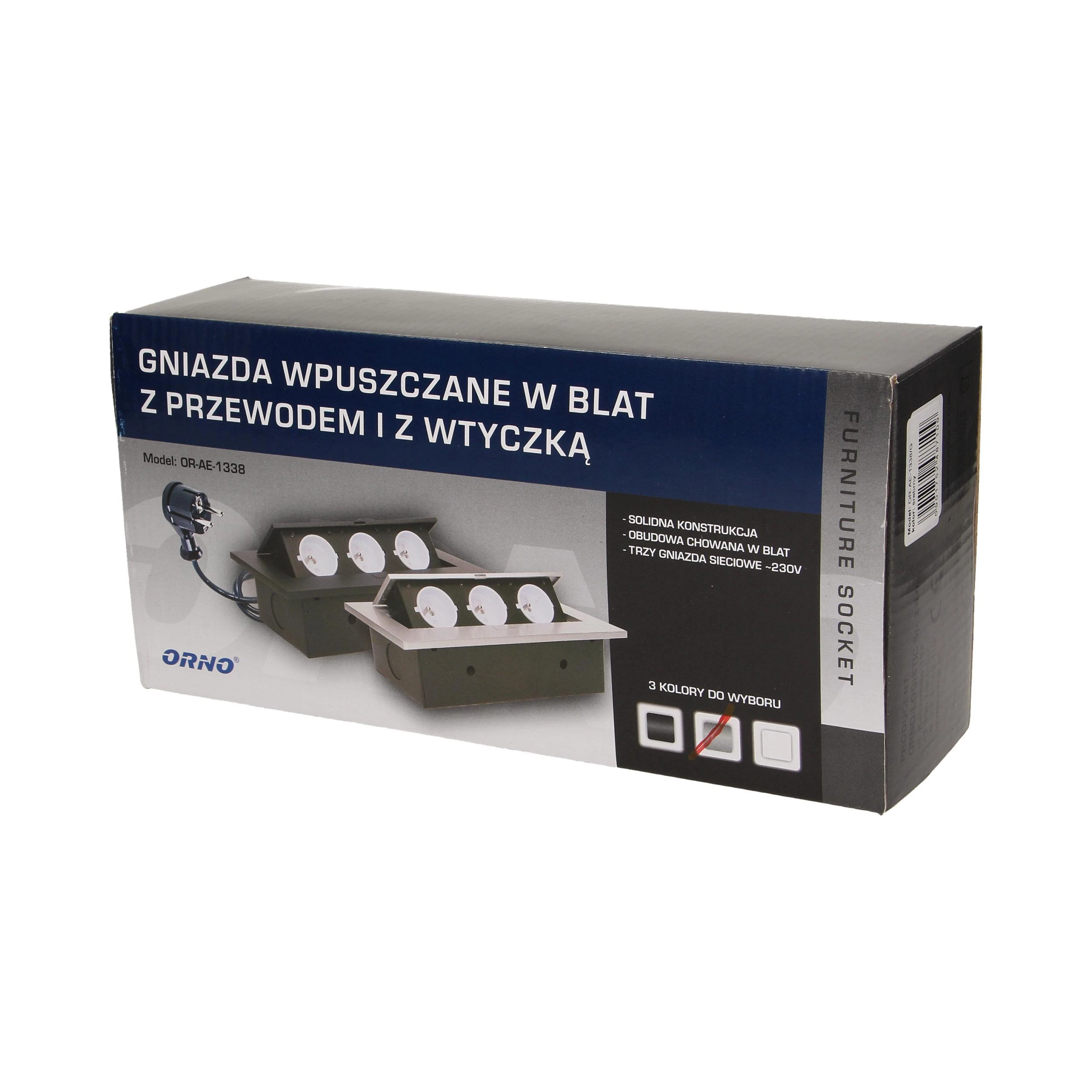Orno Lizdas Baldų lizdas, įleidžiamas į stalviršį, su storu kraštu 3x2P+Z, 1,5m laidas 3x1,5mm², sidabrinis