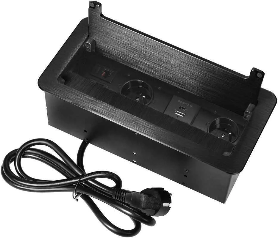 Gniazdo Lizdas Į stalviršį įleidžiamas baldų lizdas su plokščiu frezuotu kraštu, dulkių šepetėliu ir 1,5 m laidu, 2x2P+Z (prancūziškas), 2xUSB (A+C tipo; 3,6A), 2xNET, juodas