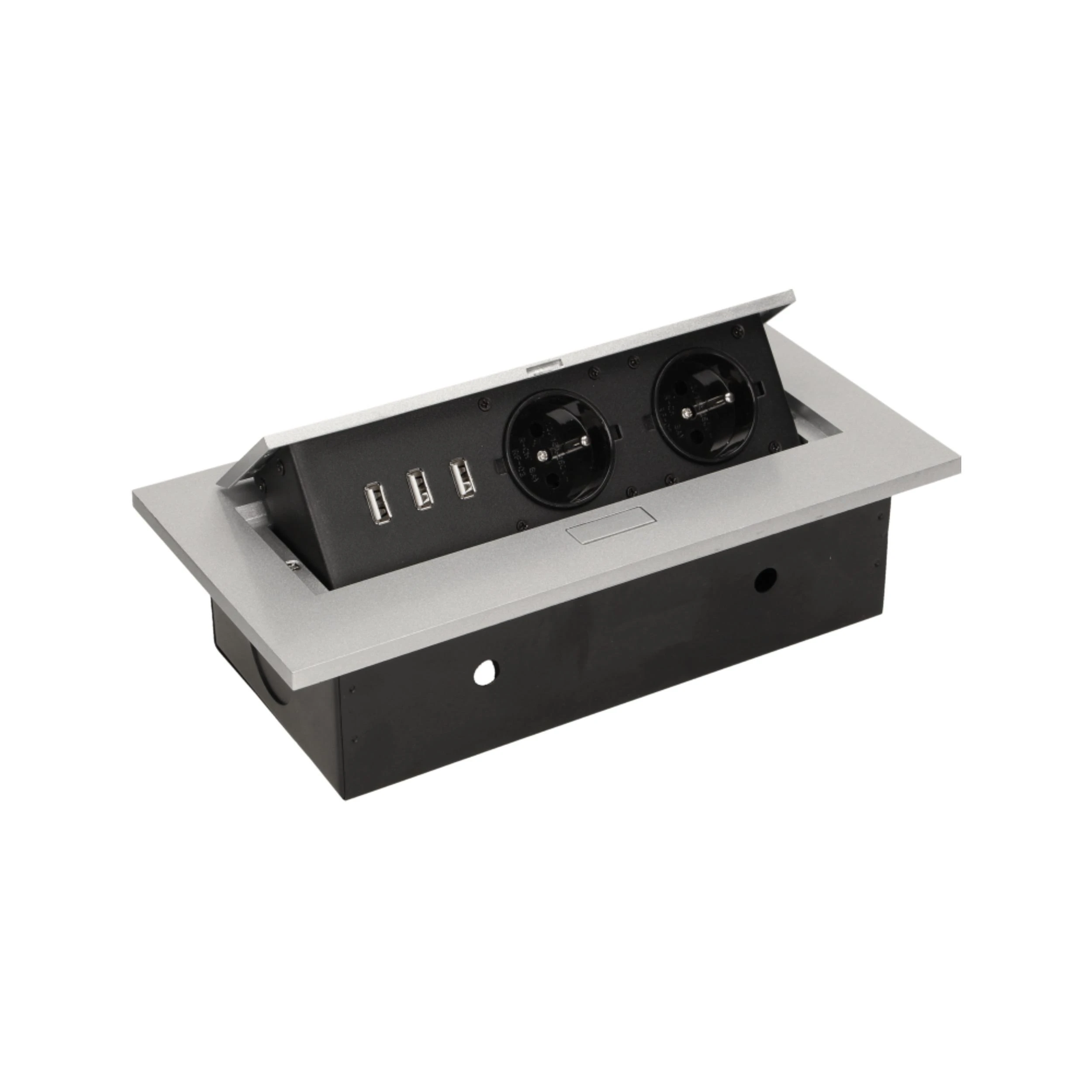 Orno Lizdas Baldinis lizdas, įleidžiamas į stalviršį, su storu kraštu, 2x2P+Z, 3 USB prievadai, sidabrinis