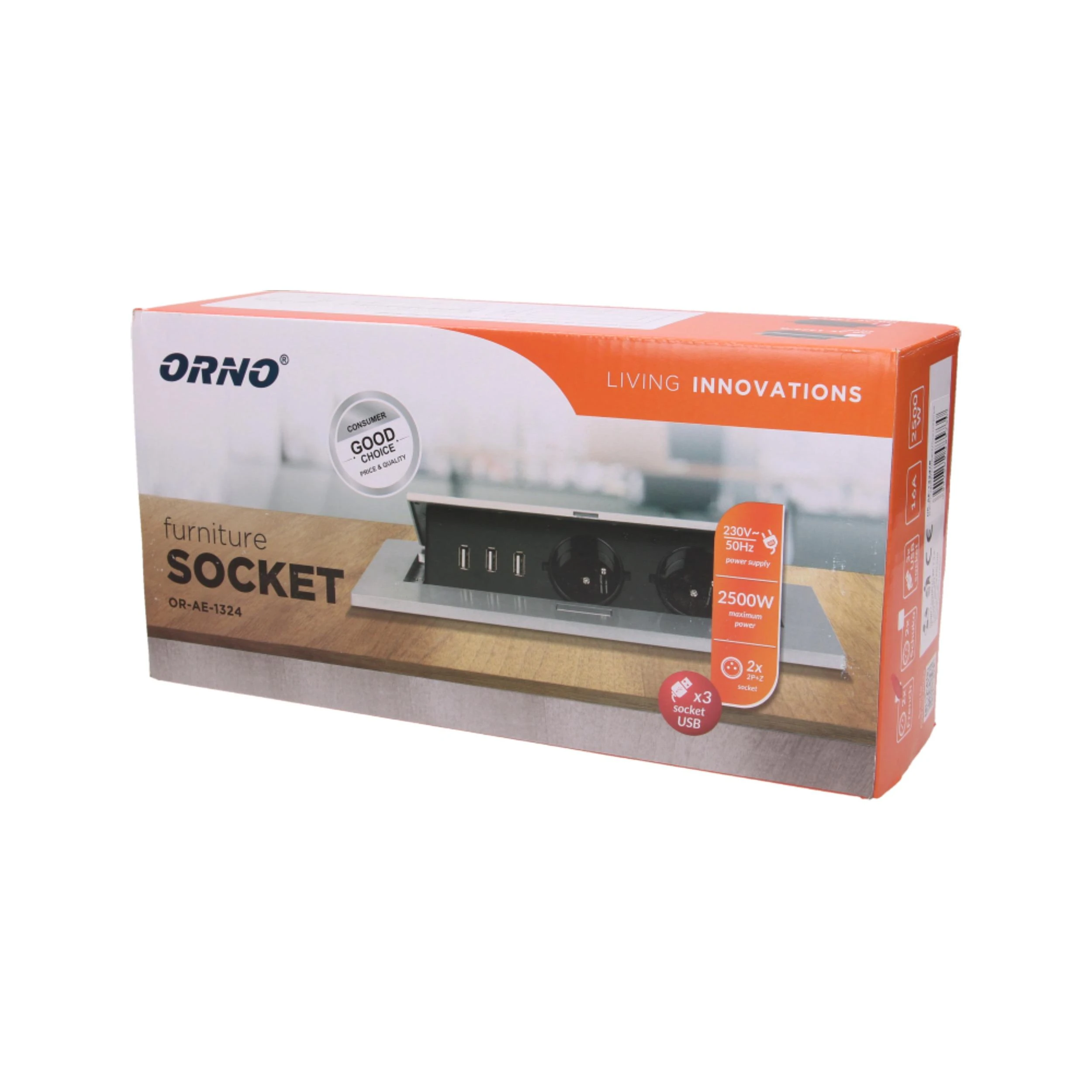Orno Lizdas Baldinis lizdas, įleidžiamas į stalviršį, su storu kraštu, 2x2P+Z, 3 USB prievadai, sidabrinis