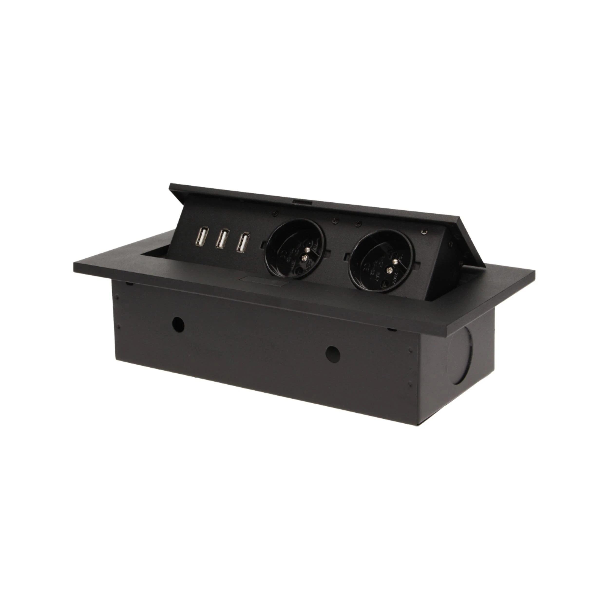 Orno Lizdas Baldų lizdas, įleidžiamas į stalviršį, su storu kraštu, 2x2P+Z, 3 USB prievadai, juodas