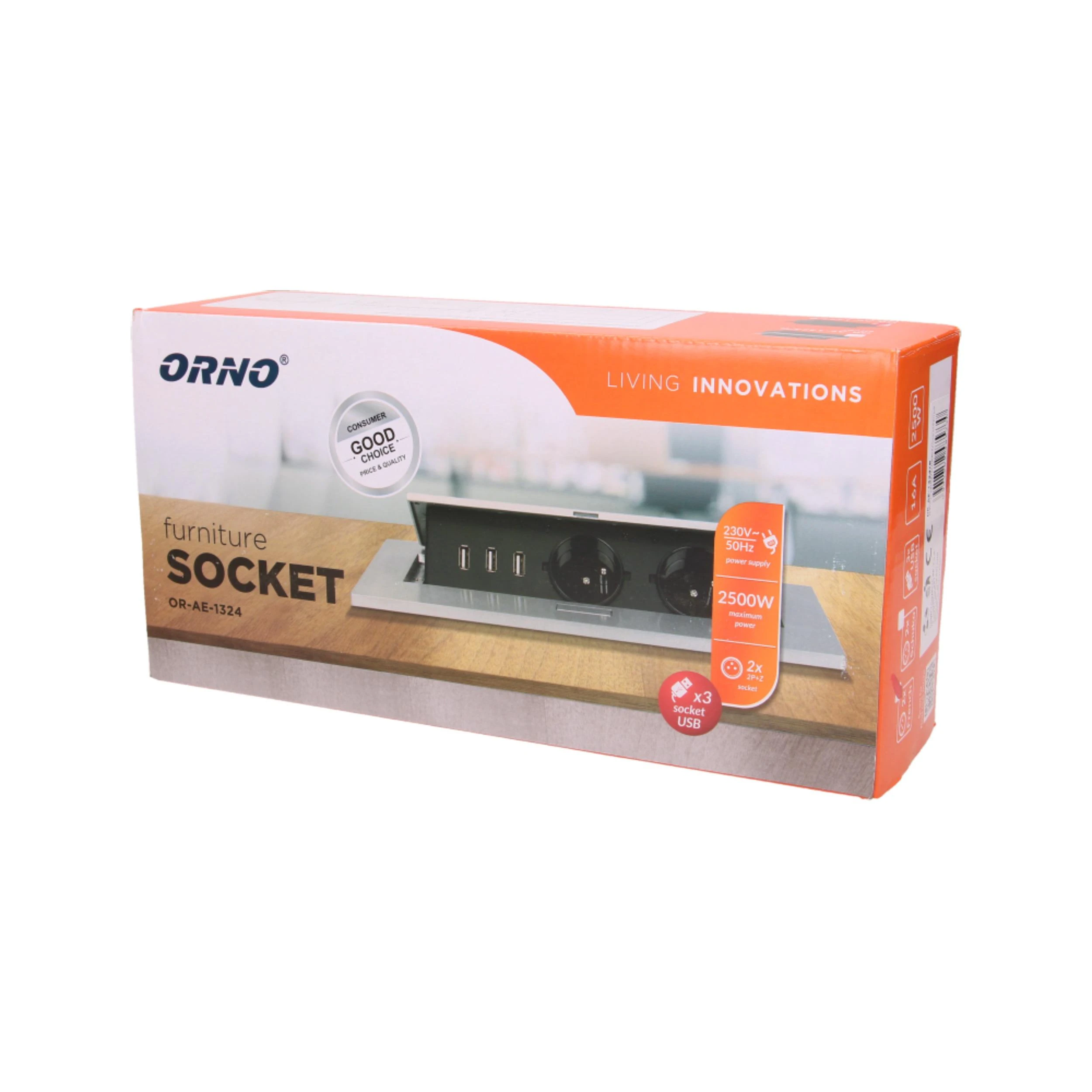 Orno Lizdas Baldų lizdas, įleidžiamas į stalviršį, su storu kraštu, 2x2P+Z, 3 USB prievadai, juodas