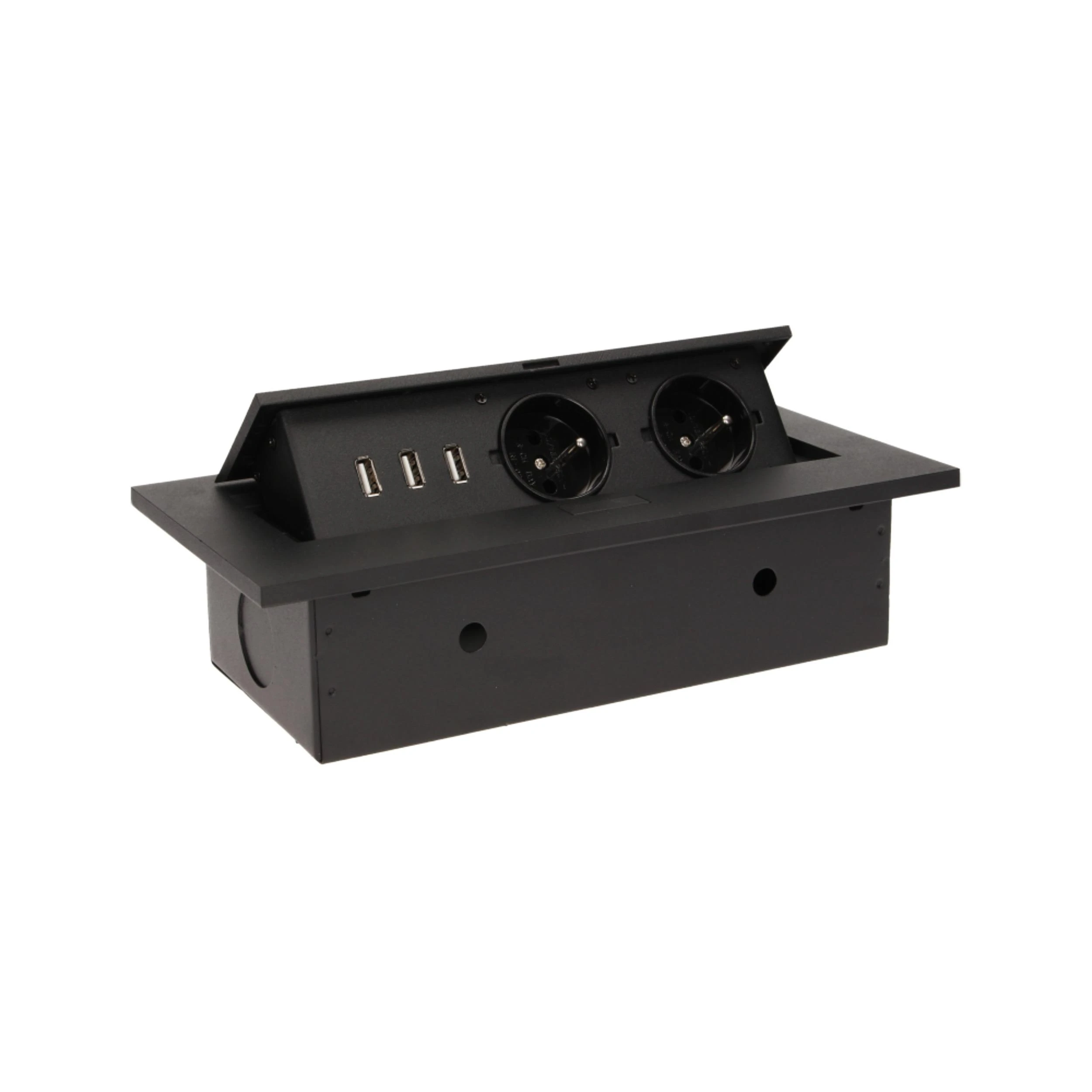 Orno Lizdas Baldų lizdas, įleidžiamas į stalviršį, su storu kraštu, 2x2P+Z, 3 USB prievadai, juodas