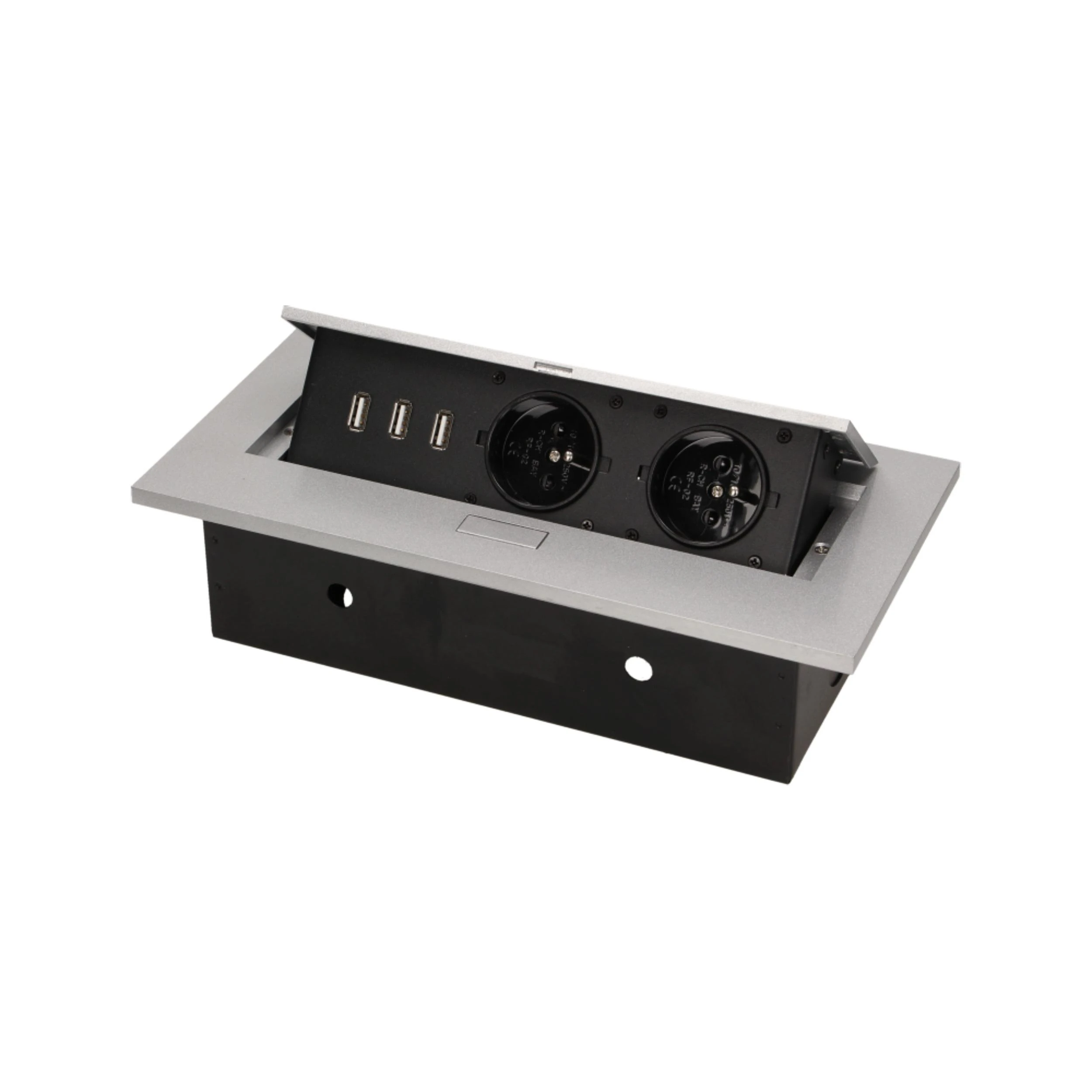 Orno Lizdas Baldinis lizdas, įleidžiamas į stalviršį, su storu kraštu, 2x2P+Z, 3 USB prievadai, sidabrinis