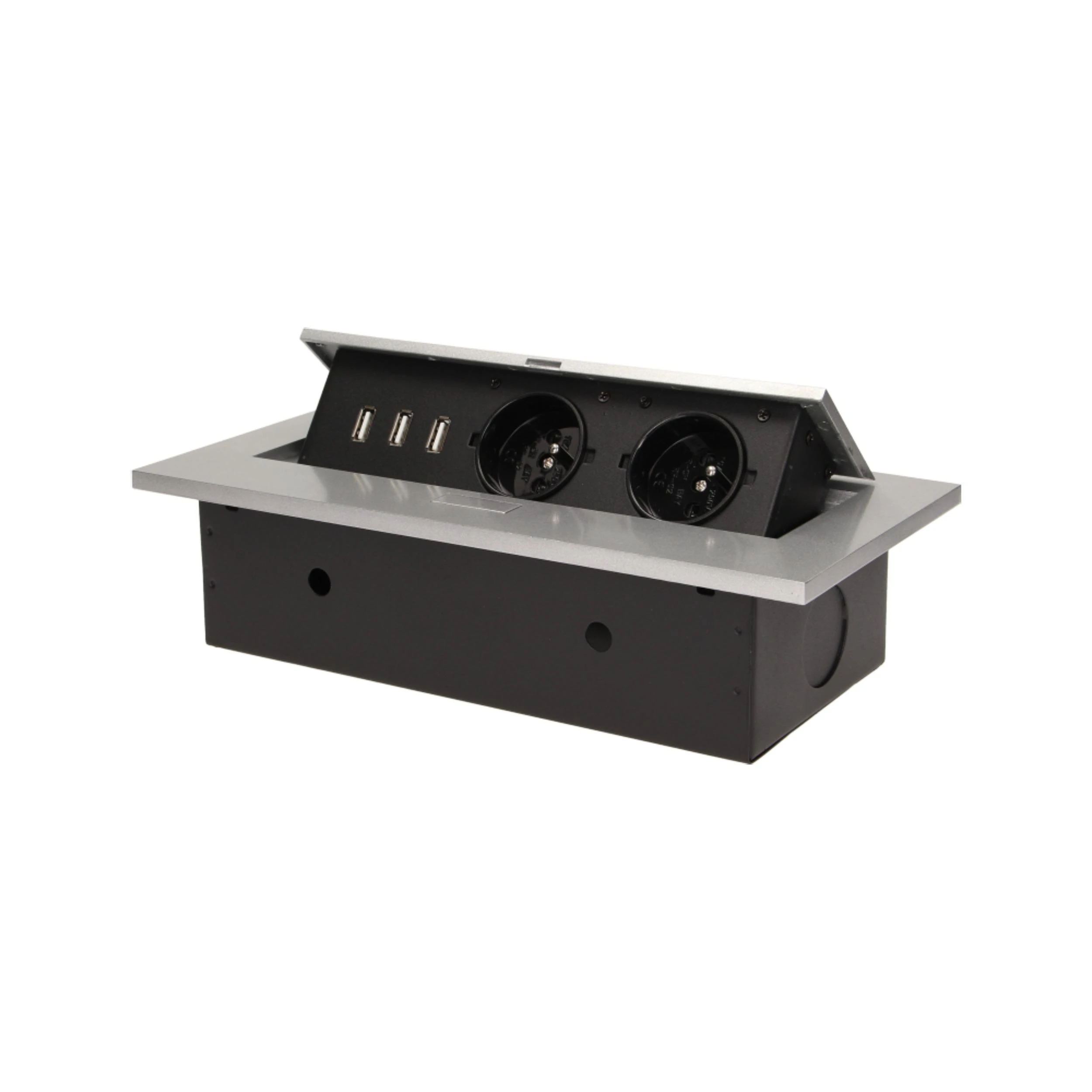 Orno Lizdas Baldinis lizdas, įleidžiamas į stalviršį, su storu kraštu, 2x2P+Z, 3 USB prievadai, sidabrinis