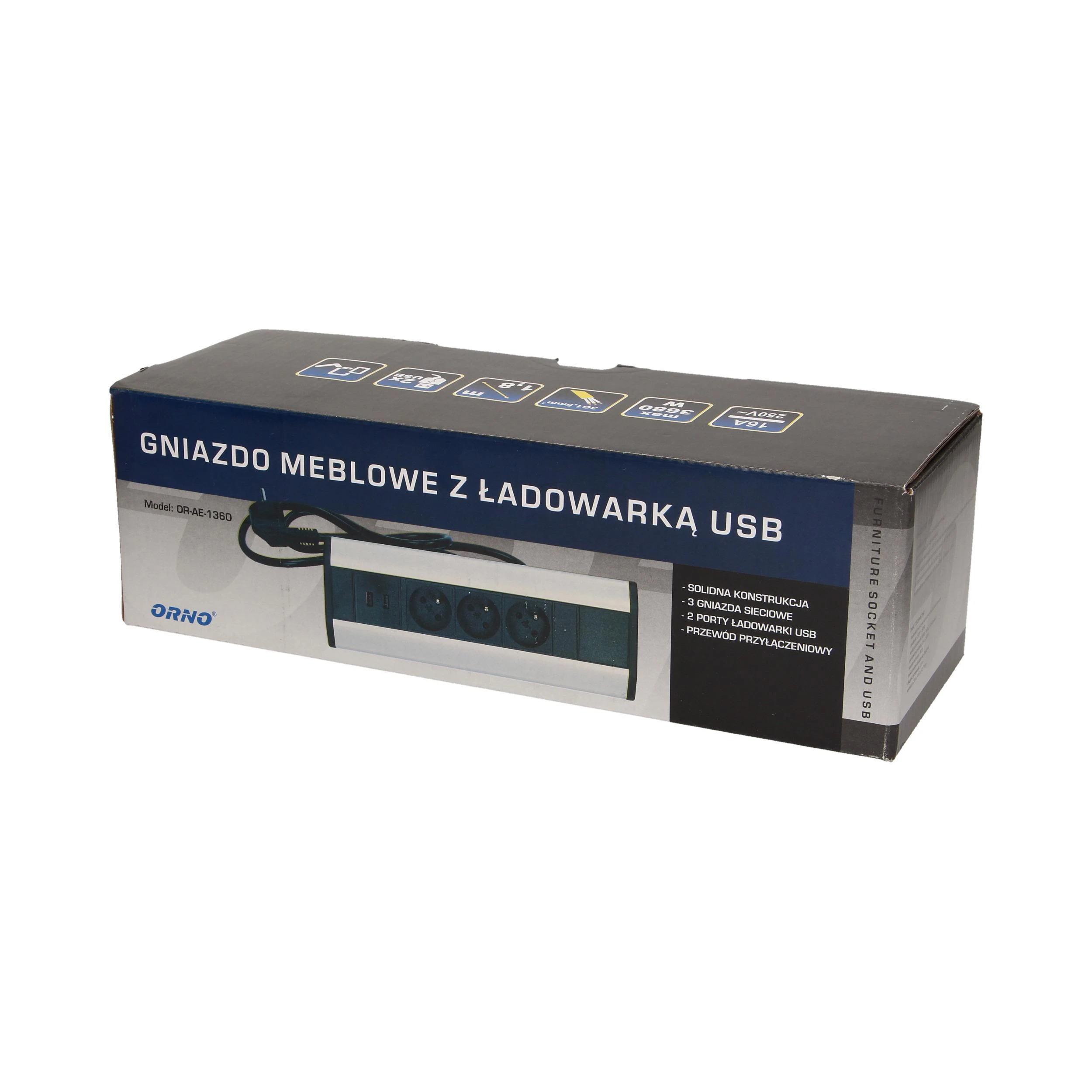 Orno Lizdas Baldinis lizdas su USB įkrovikliu ir 1,8 m laidu, 3x2P+Z, 2xUSB