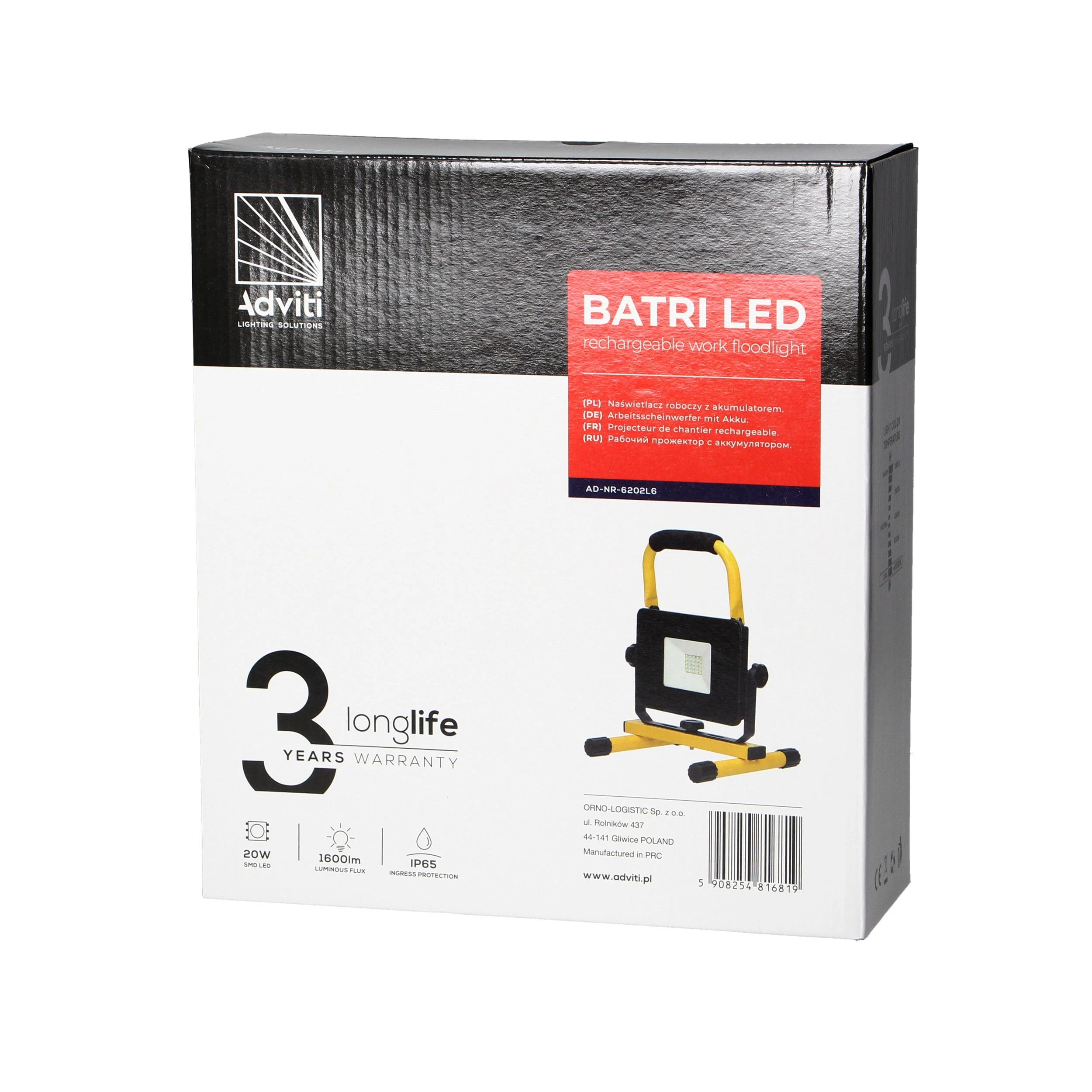 Orno BATRI LED 20W, nešiojamas darbinis žibintas su baterija, 1600lm, IP65, 6500K, 4400mAh