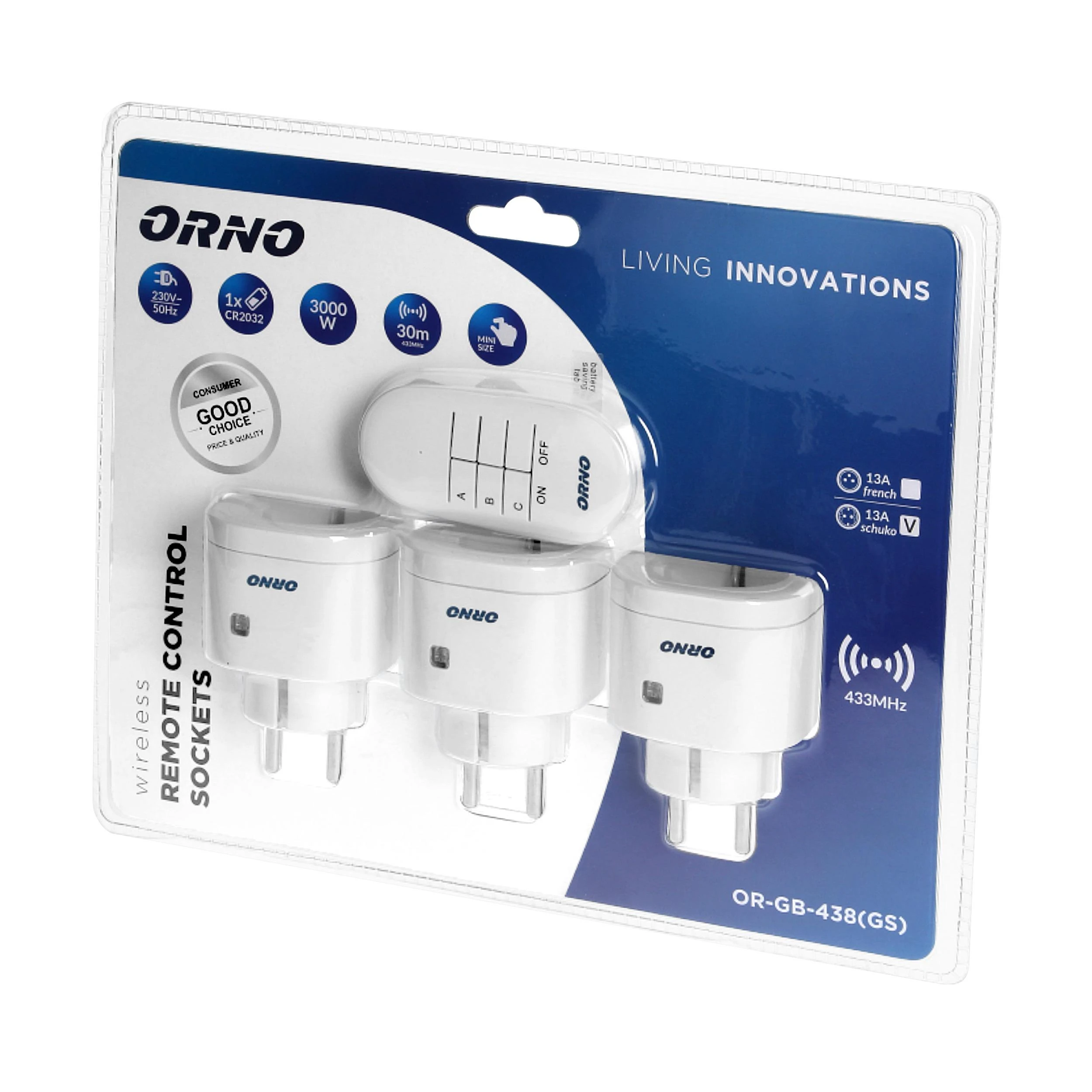 Orno Rinkinys Belaidžių mini lizdų rinkinys su nuotolinio valdymo pultu 3+1, schuko versija