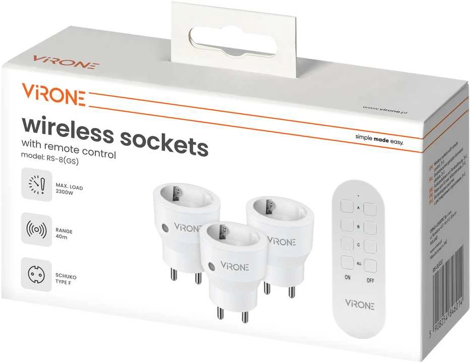 Orno Rinkinys Belaidžių MINI Schuko lizdų rinkinys, valdomas nuotoliniu būdu 3+1, 2300 W