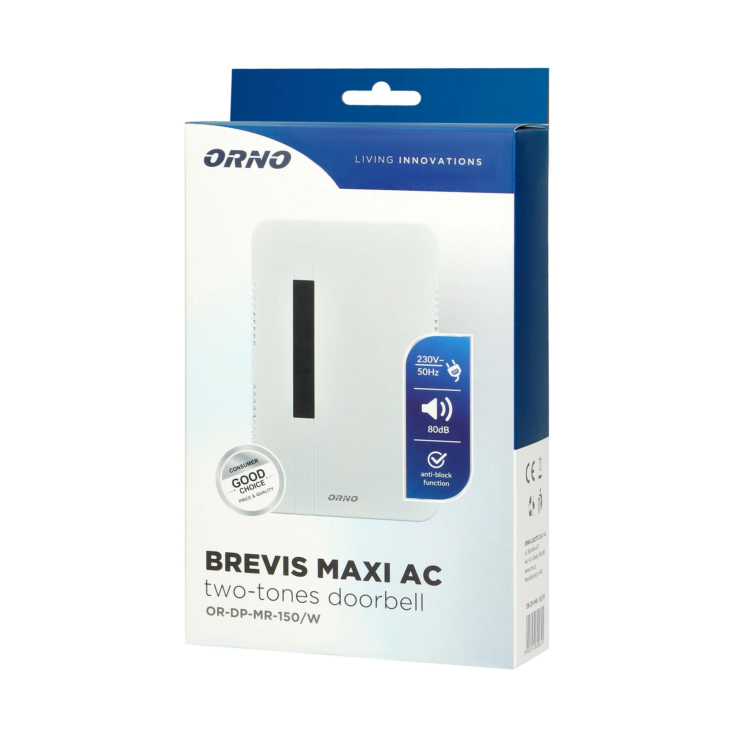 Orno Dzwonek BREVIS MAXI AC dviejų tonų elektromechaninis skambutis, 230 V, baltas