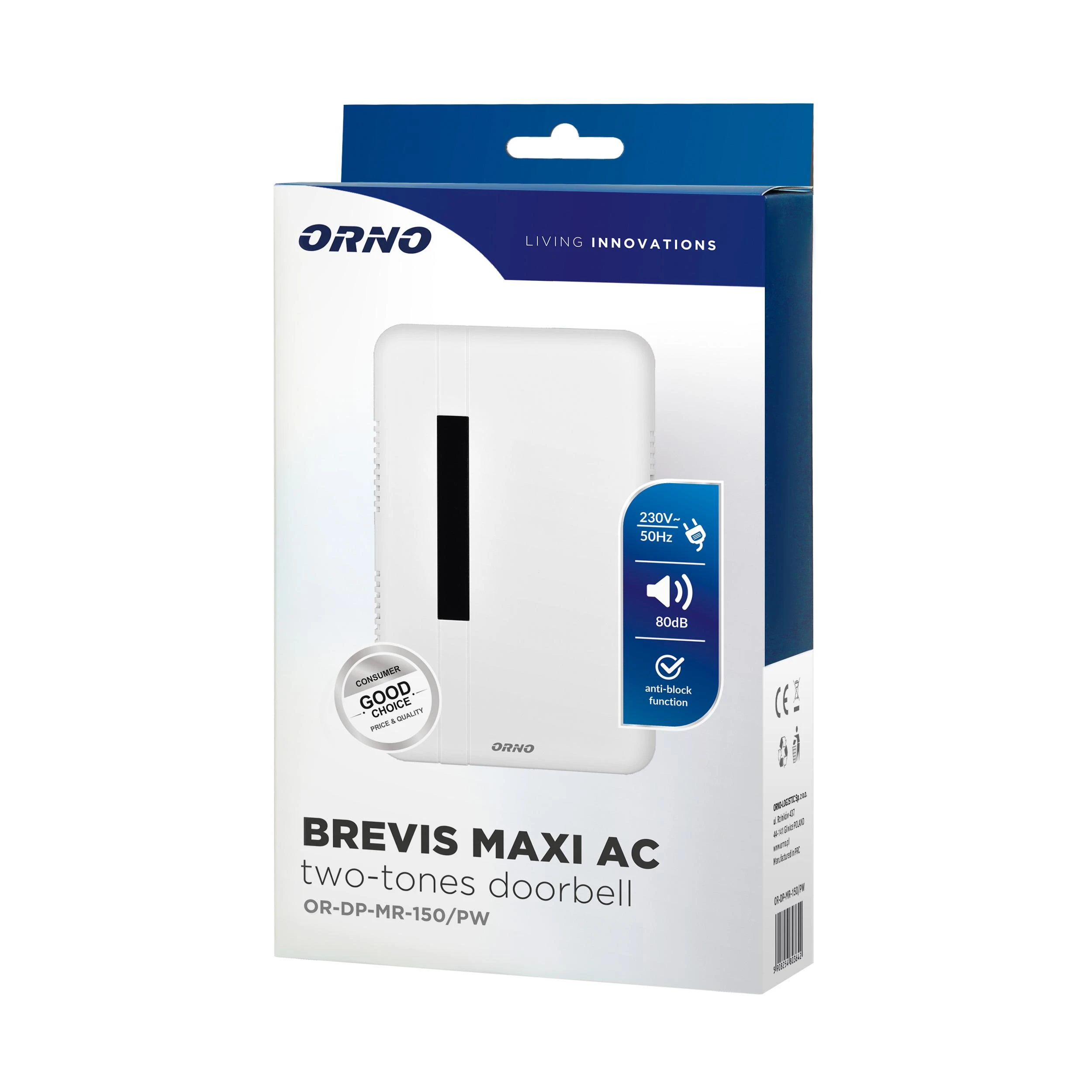 Orno Dzwonek BREVIS MAXI AC dviejų tonų elektromechaninis skambutis, 230 V, sniego baltumo