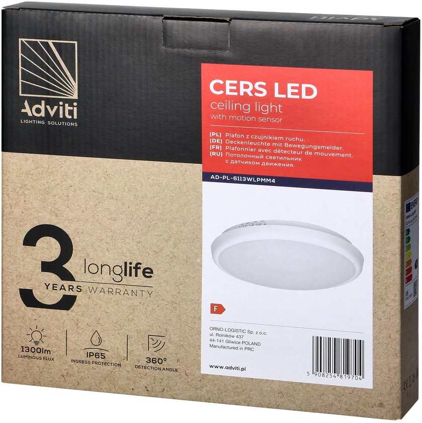 Orno Lubinis LED šviestuvas su judesio jutikliu Adviti CERS, 16 W, 1300 lm, 4000 K, IP65, baltas