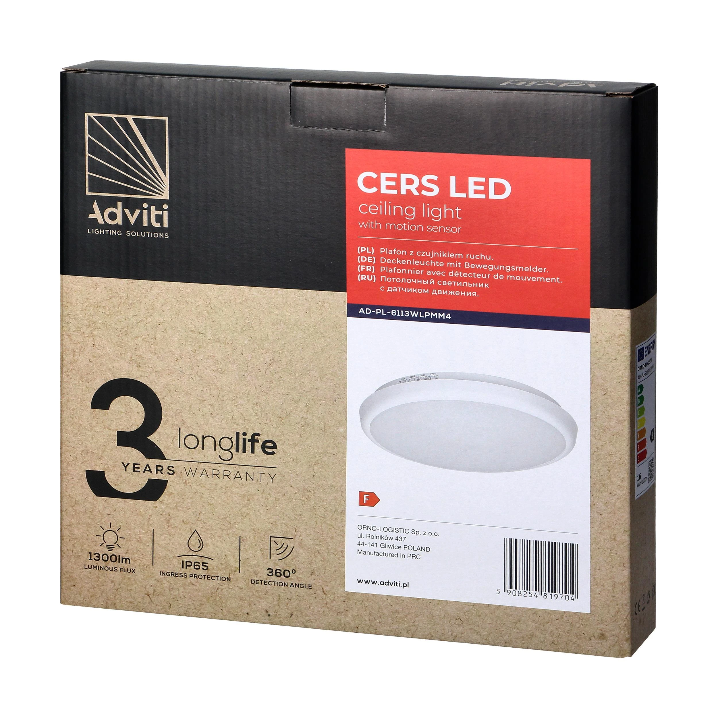 Orno CERS LED 16W, lubinis šviestuvas su mikrobangų judesio jutikliu, 1300lm, IP65, 4000K, pieniškas polikarbonatas, baltas, reguliuojamo ryškumo