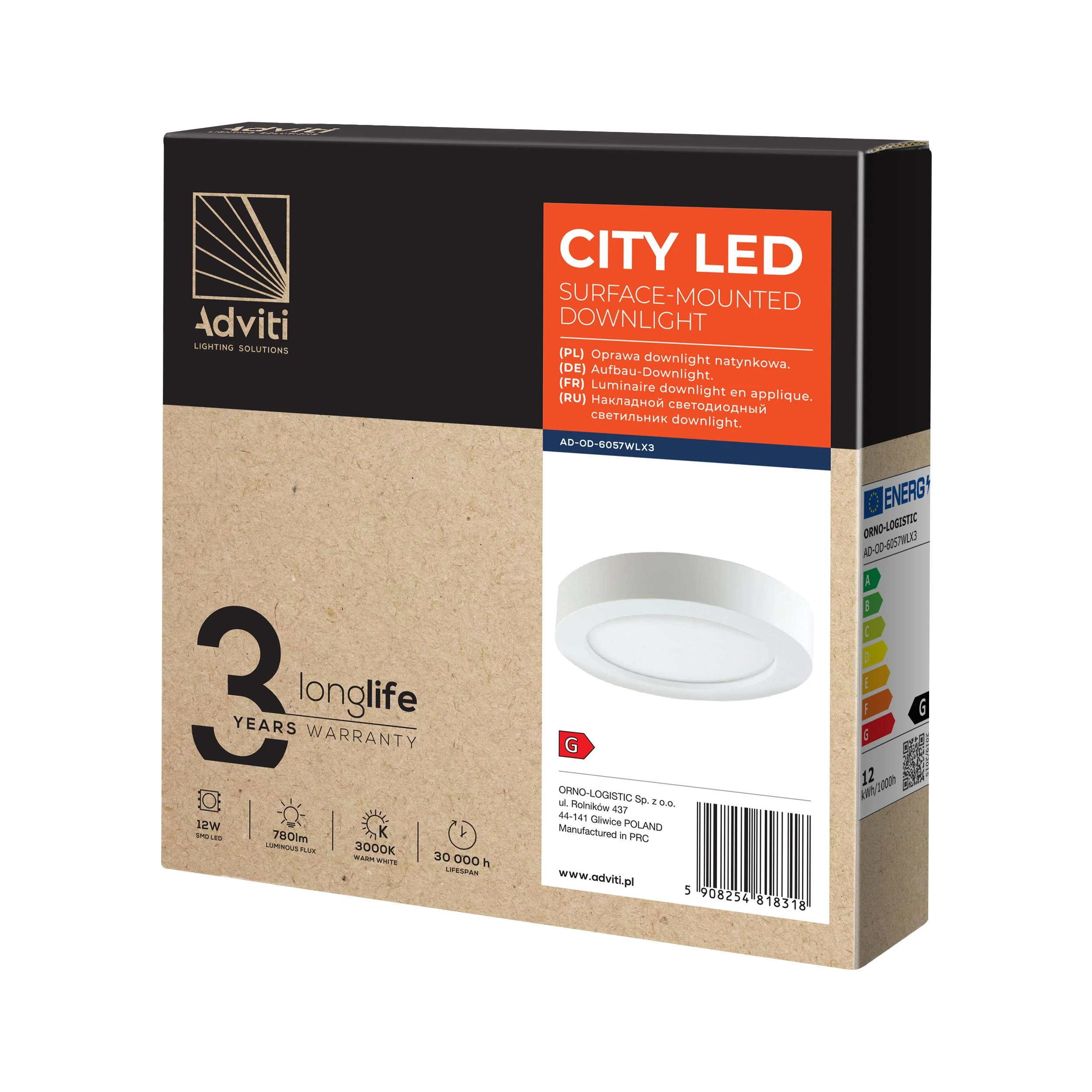 Lubinis šviestuvas Orno CITY LED 12W, įleidžiamas šviestuvas, paviršinio montavimo, apvalus, 800lm, 3000K, baltas, su integruotu LED maitinimo šaltiniu