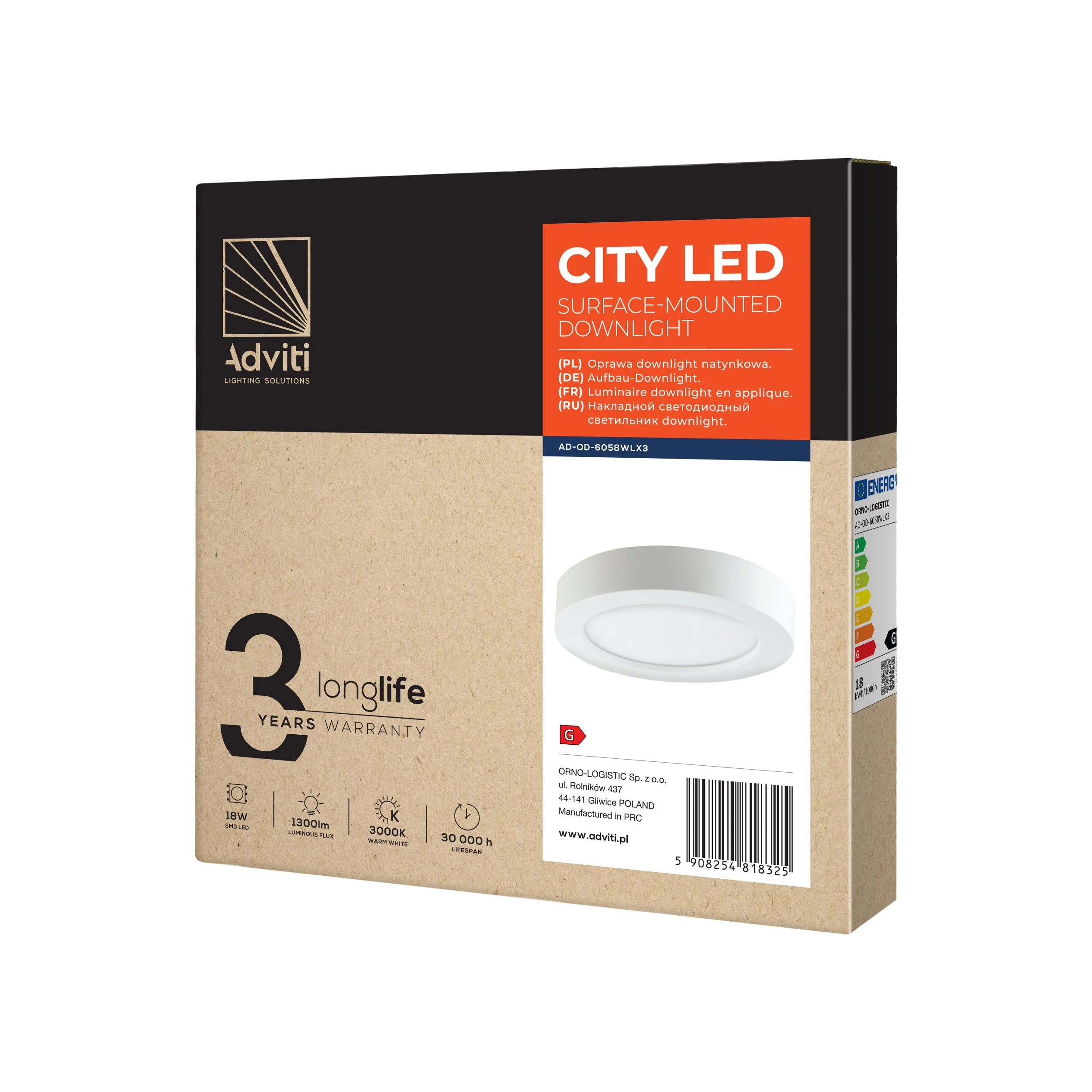 Lubinis šviestuvas Orno CITY LED 18W, įleidžiamas šviestuvas, paviršinis, apvalus, 1500lm, 3000K, baltas, su integruotu LED maitinimo šaltiniu