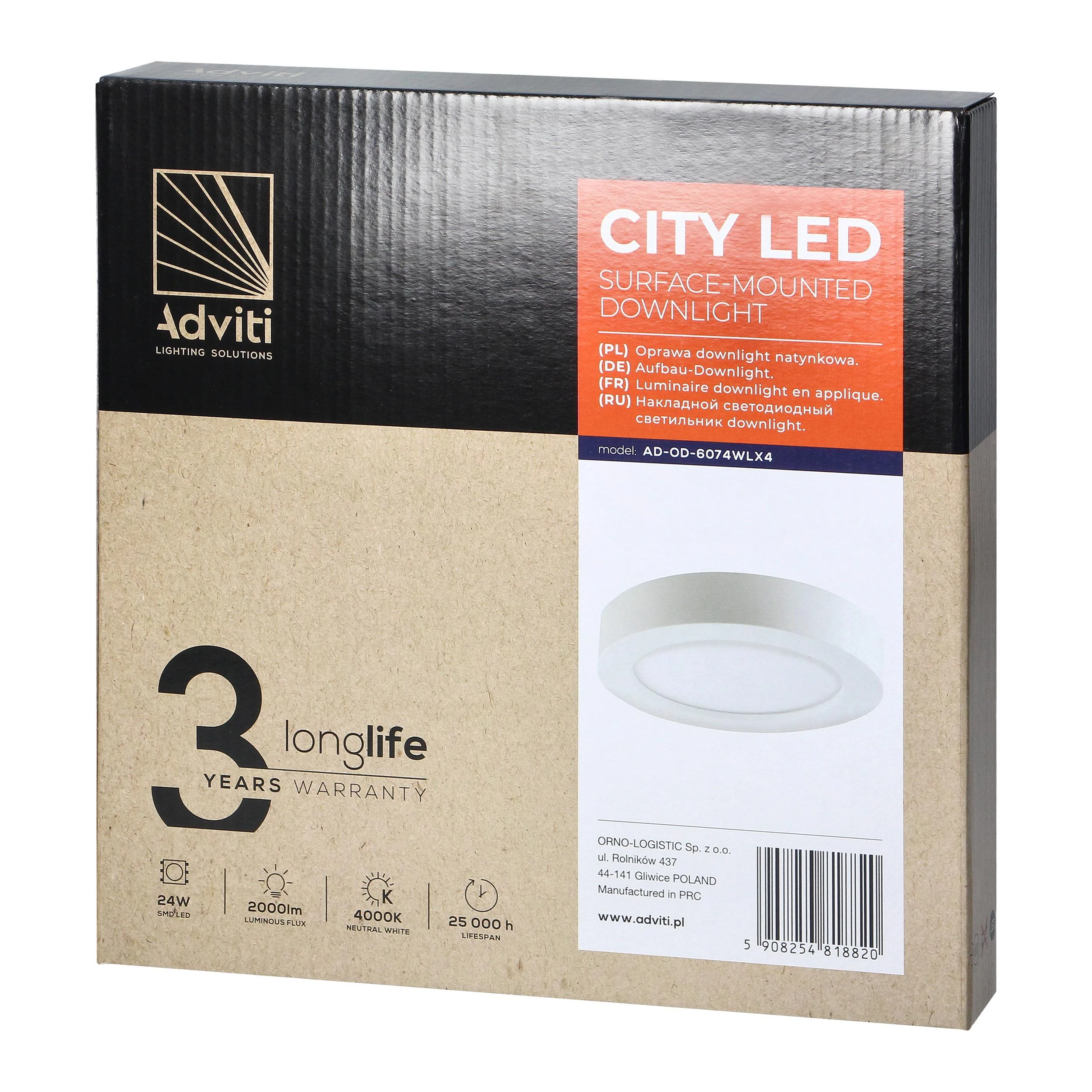 Lubinis šviestuvas Orno CITY LED 24W, įleidžiamas šviestuvas, paviršinio montavimo, apvalus, 2000lm, 4000K, baltas, su integruotu LED maitinimo šaltiniu