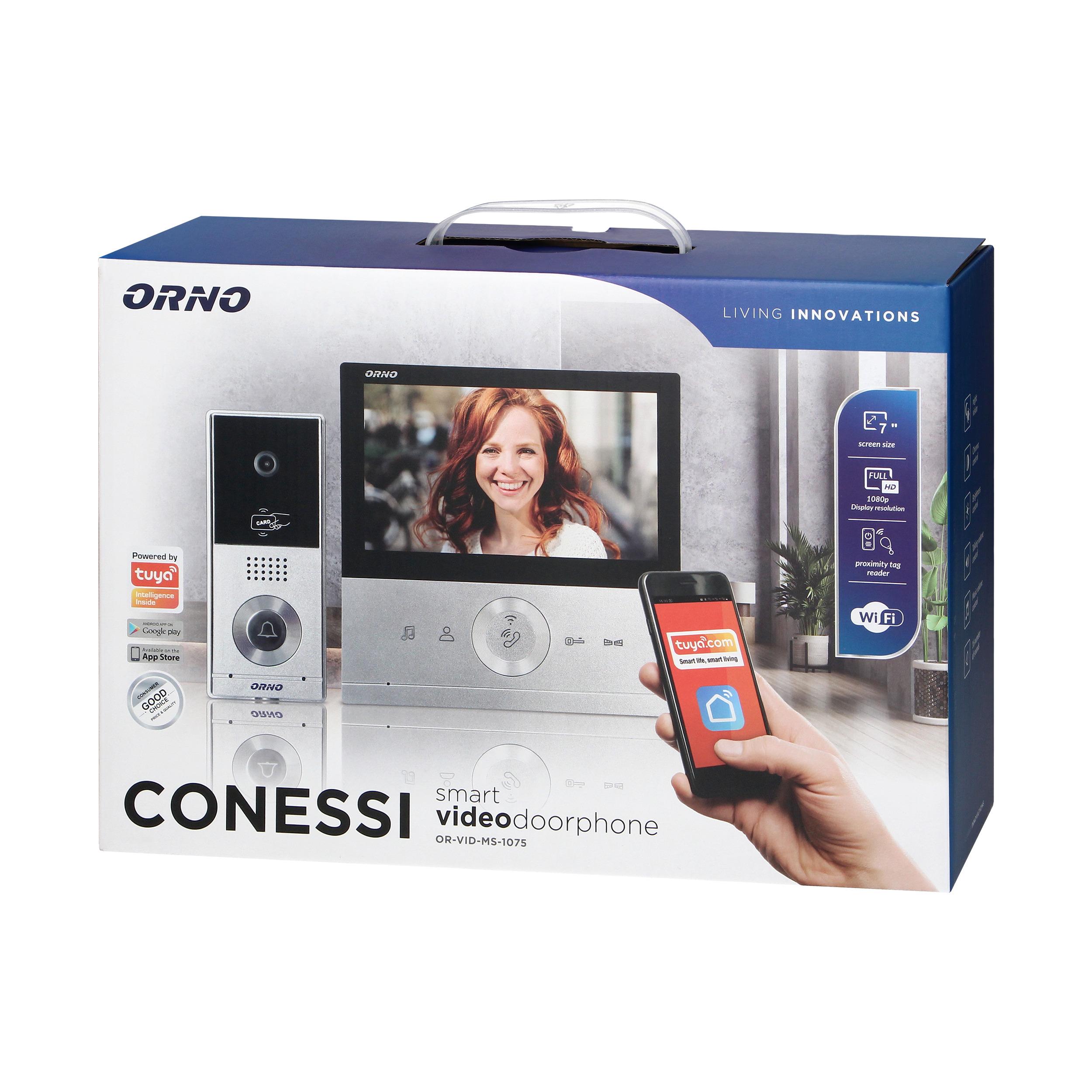 Orno Rinkinys „CONESSI Full HD“ vaizdo domofono komplektas, 7 colių LCD monitorius be ragelio, lauko stotelė su RFID kortele ir pultelio skaitytuvu, belaidis internetas ir valdymas per „Tuya“ programėlę