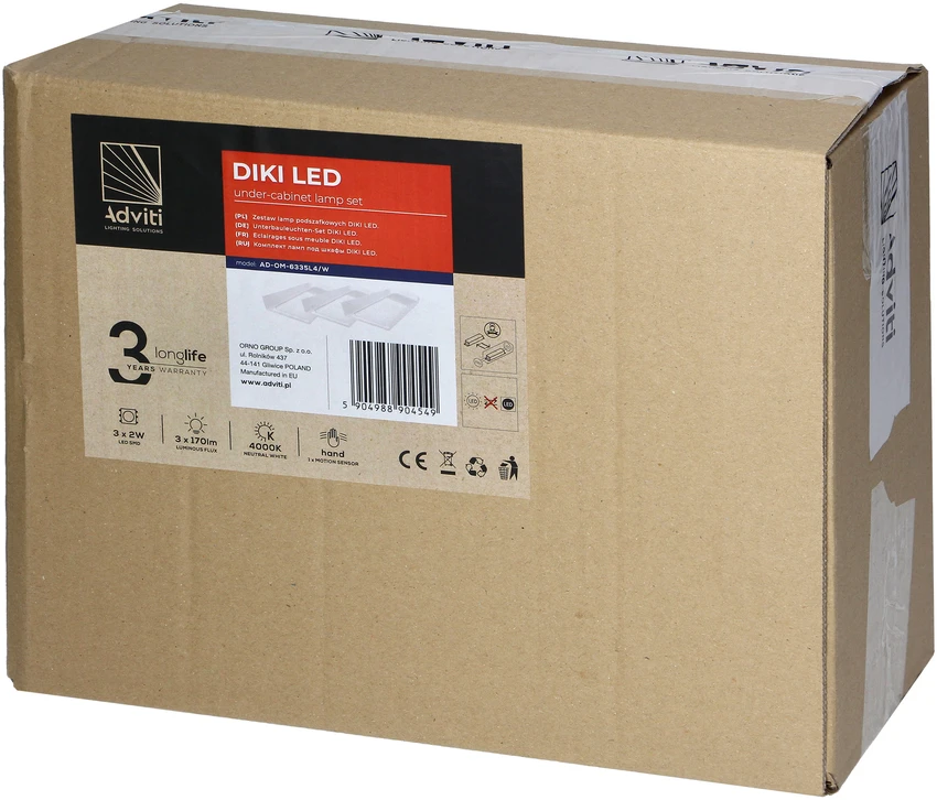 Orno DIKI rinkinys 3 LED lempos po spintele, 3x2W, 4000K, su bekontakčiu jungikliu, balta