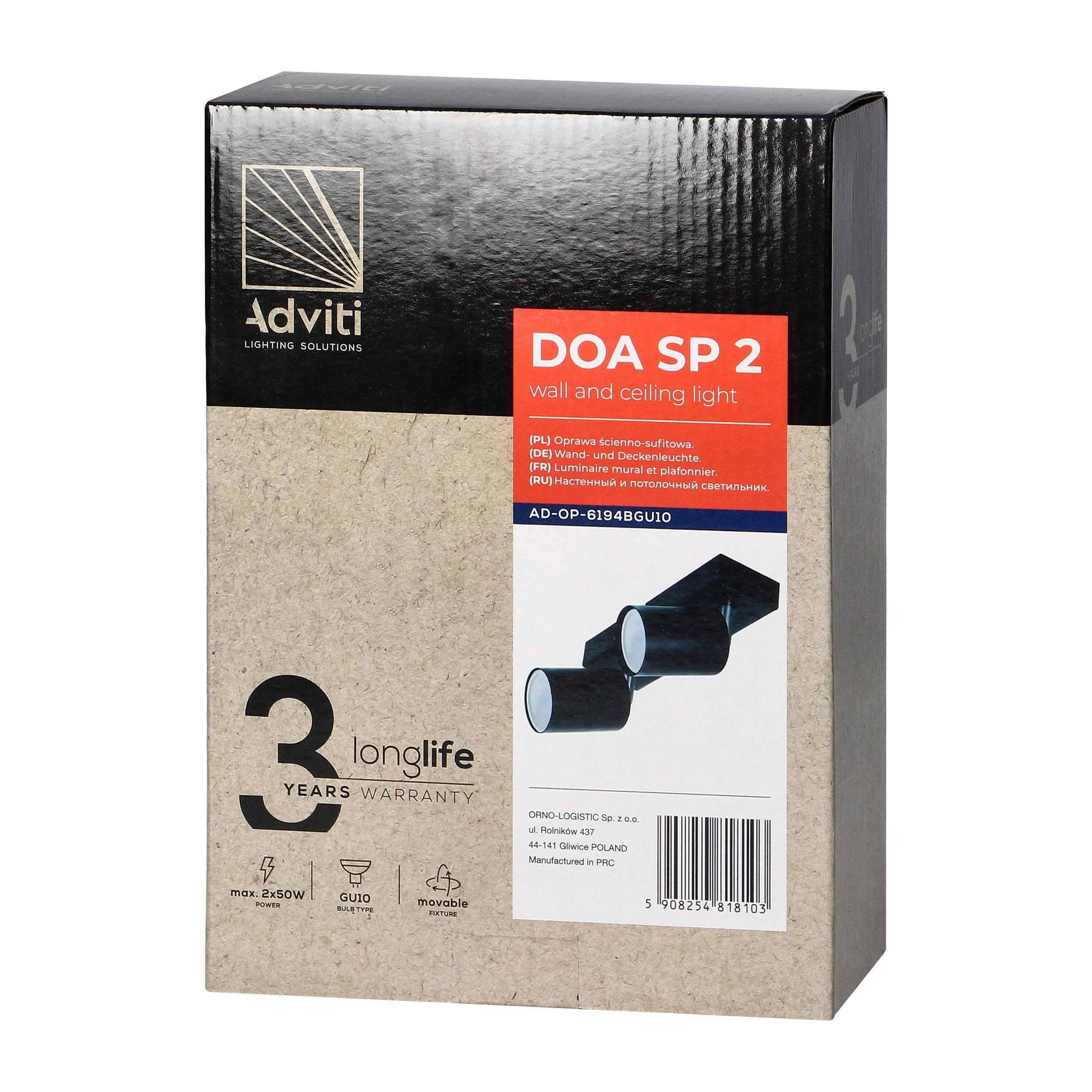 Sieninis šviestuvas Orno DOA SP 2, sieninis-lubinis šviestuvas, GU10, maks. 2x7W, IP20, juodas