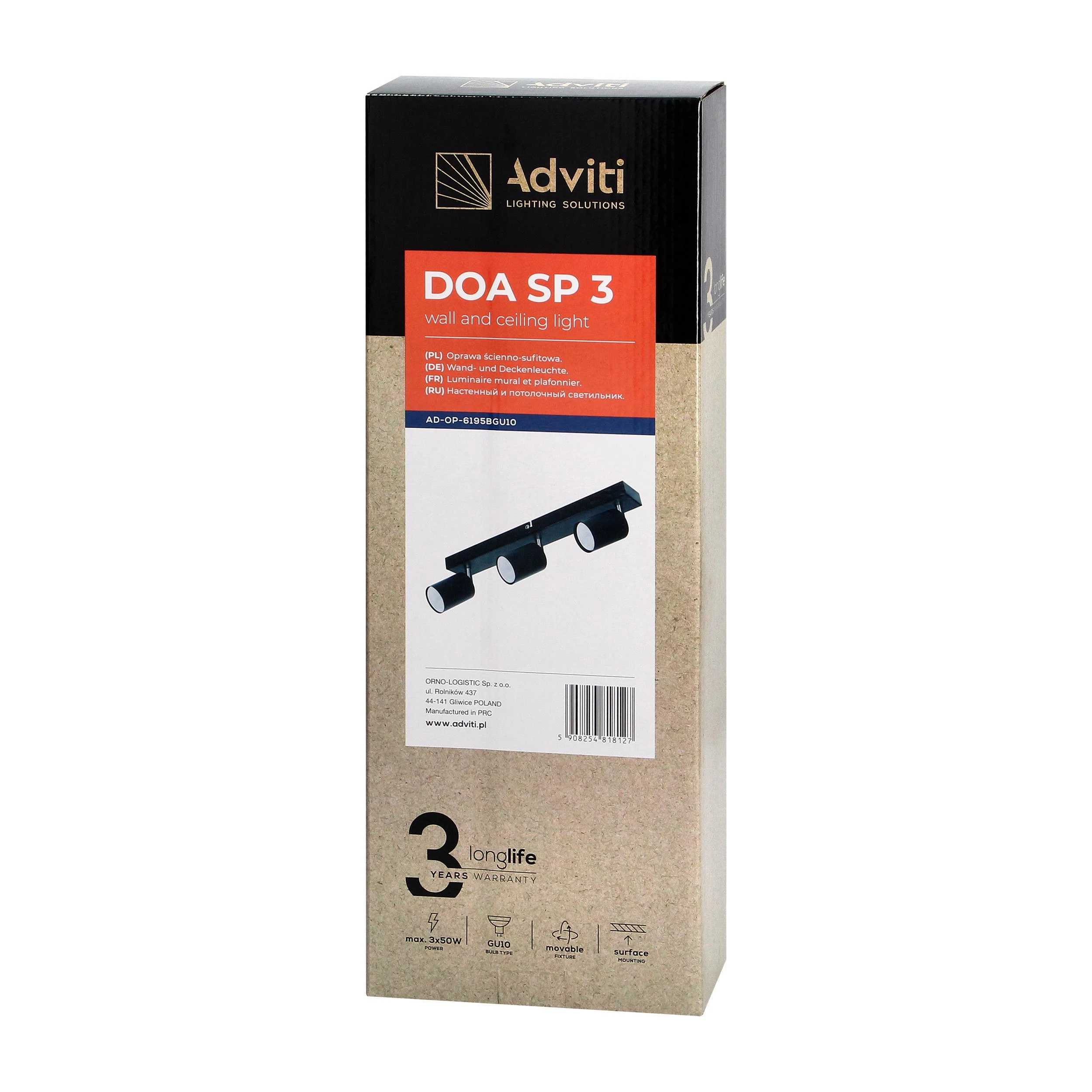Sieninis šviestuvas Orno DOA SP 3, sieninis-lubinis šviestuvas, GU10, maks. 3x7W, IP20, juodas
