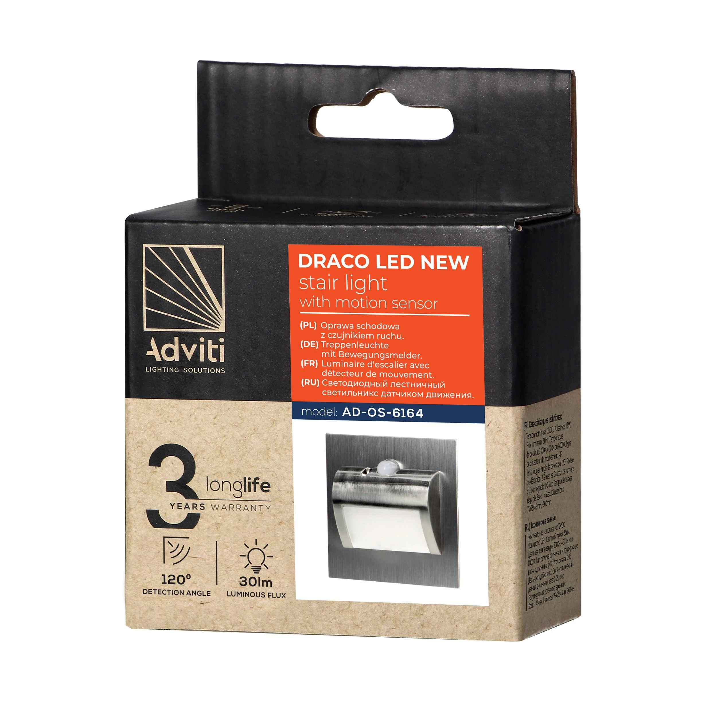 Orno DRACO LED NEW 1.5W, įleidžiamas laiptų šviestuvas, 12VDC, 30lm, 6000K, satinas, judesio ir prieblandos jutiklis