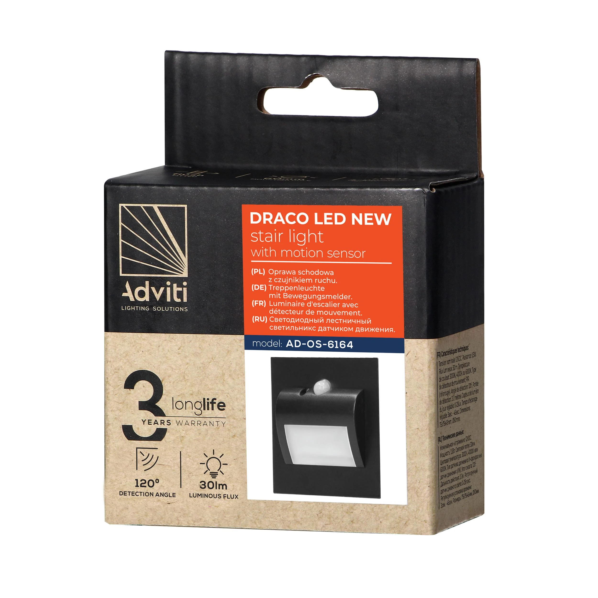 Orno DRACO LED NEW 1.5W, įleidžiamas laiptų šviestuvas, 12VDC, 30lm, 6000K, juodas, su judesio ir prieblandos jutikliu