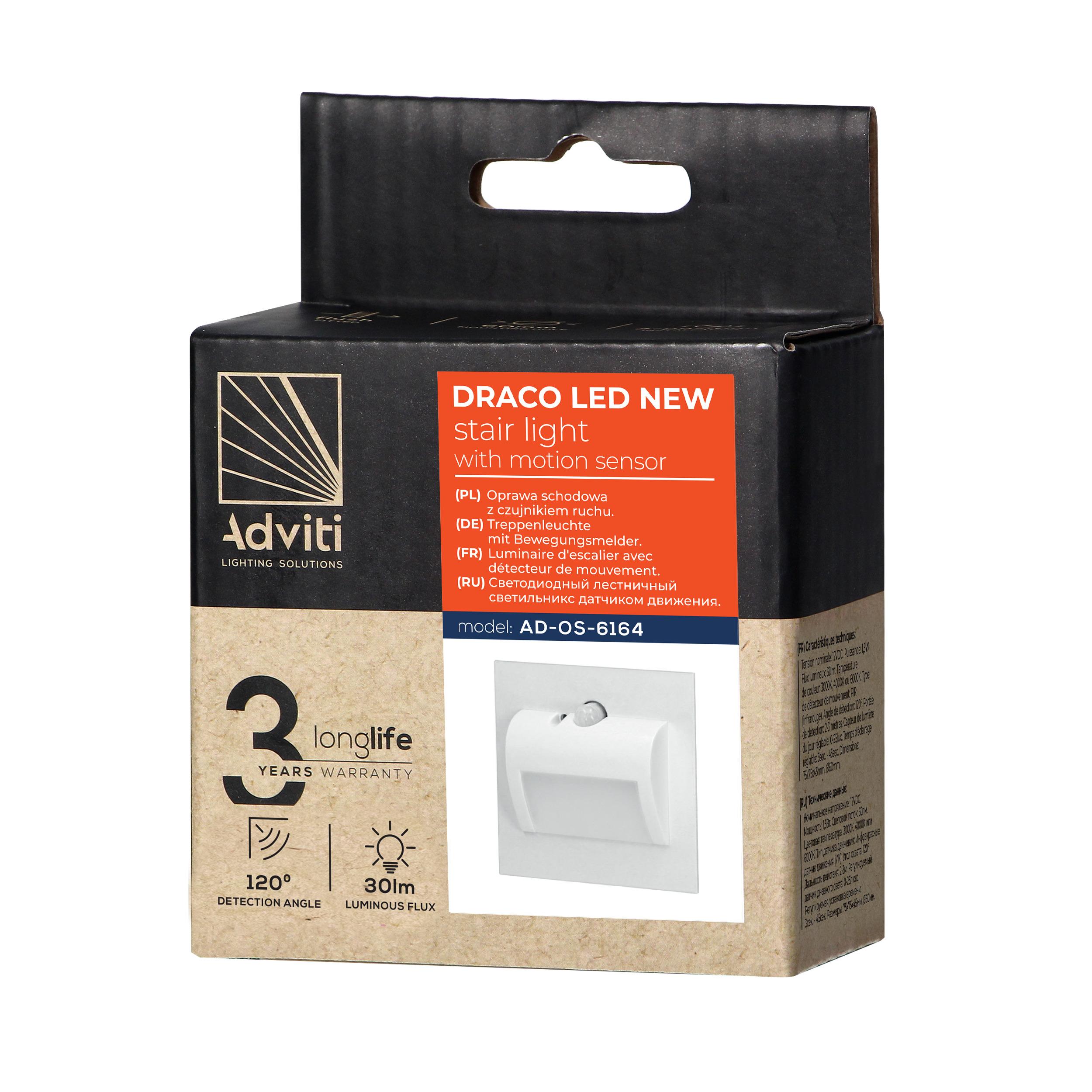 Orno DRACO LED NEW 1.5W, įleidžiamas laiptų šviestuvas, 12VDC, 30lm, 4000K, baltas, judesio ir prieblandos jutiklis