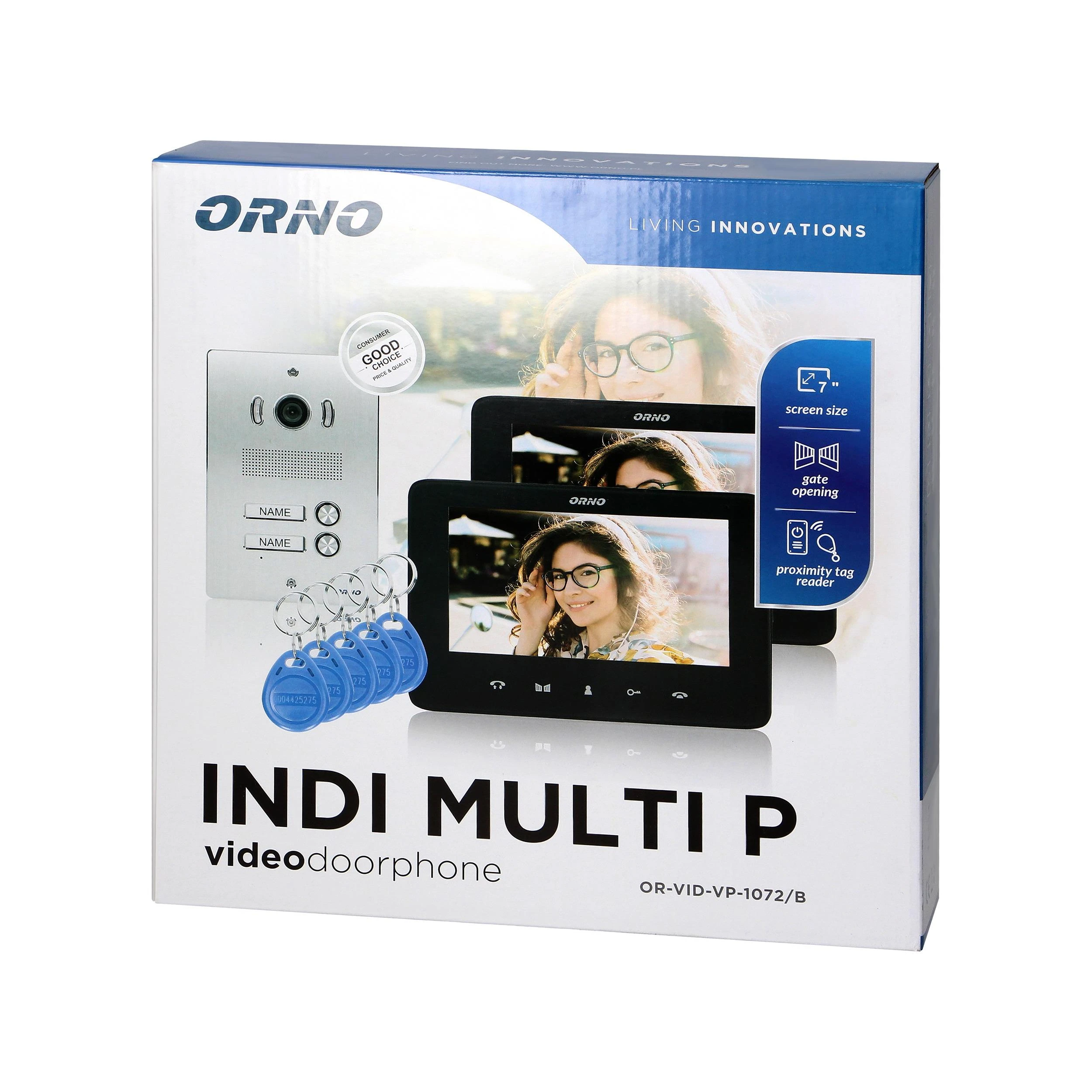 Orno Rinkinys Dviejų šeimų vaizdo domofono rinkinys, be ragelio, spalvotas, LCD 7", su artumo pultelio skaitytuvu, domofonas, įleidžiamas, INDI MULTI P
