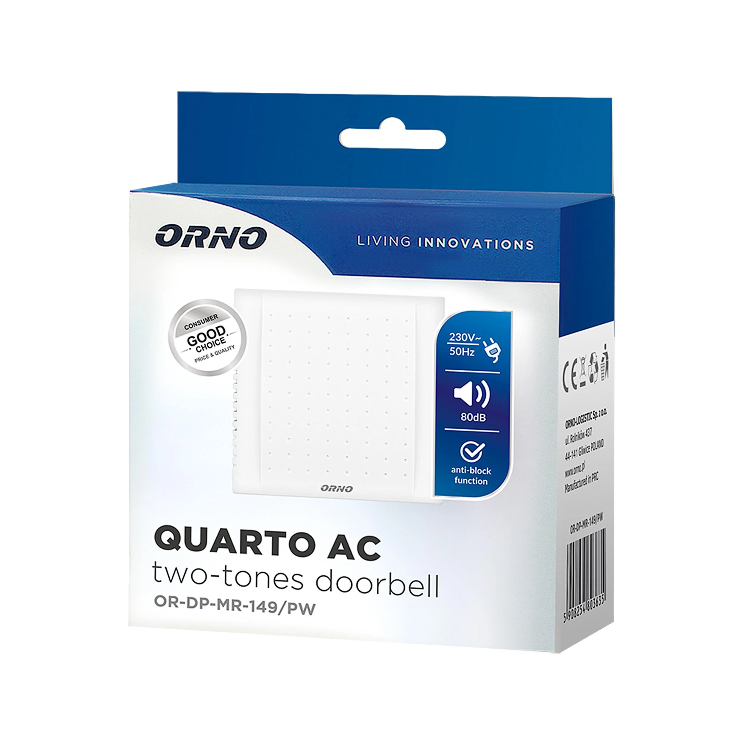 Orno Dzwonek Dviejų tonų elektromechaninis skambutis QUARTO AC, 230V, sniego baltumo
