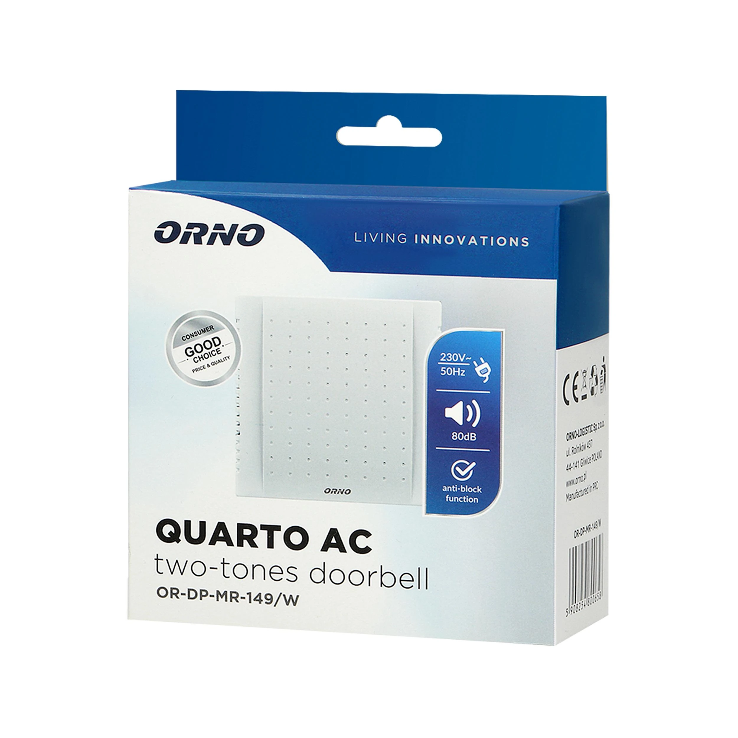 Orno Dzwonek Dviejų tonų elektromechaninis skambutis QUARTO AC, 230V, baltas