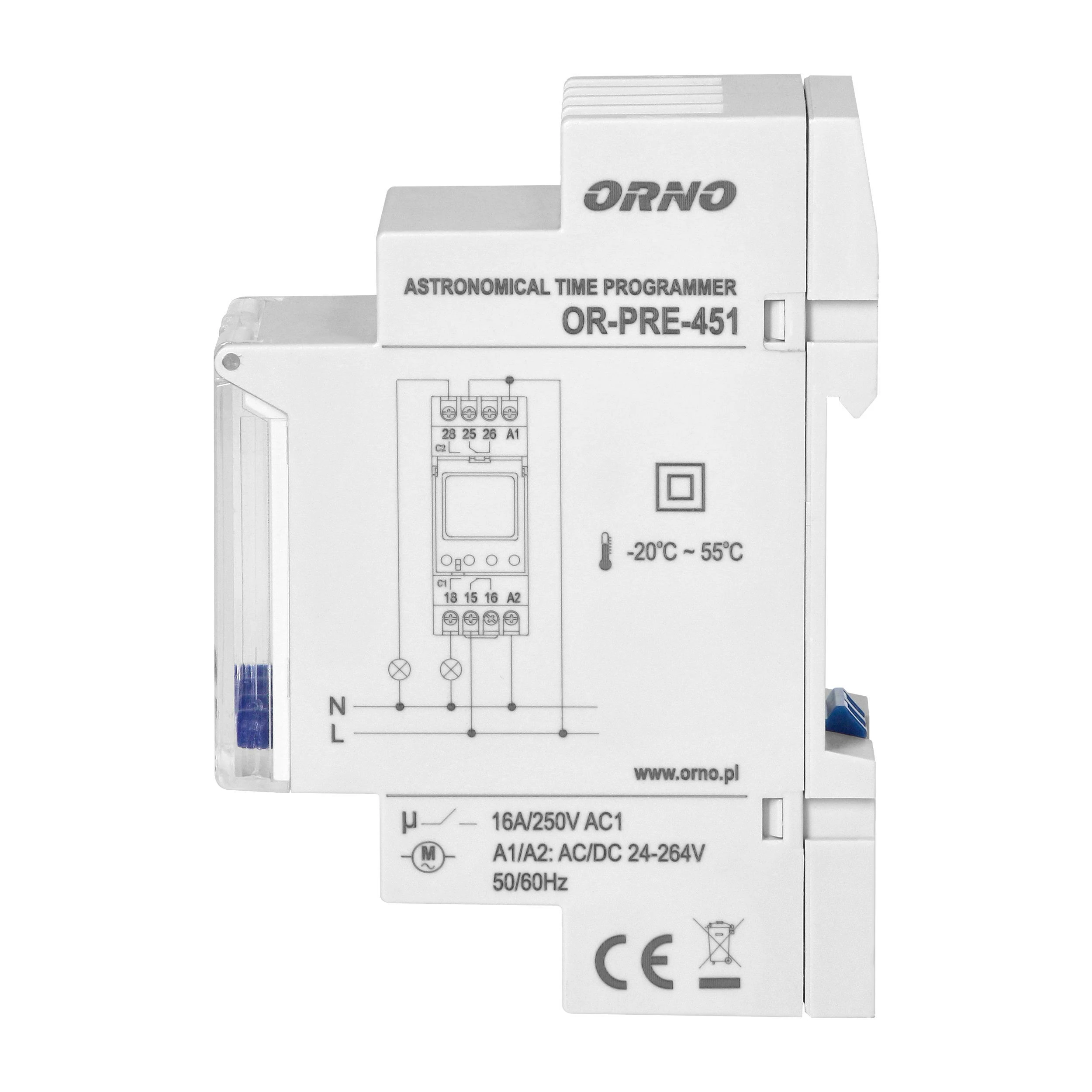 Orno Elektroninis Elektroninis astronomijos ir laiko programuotojas, 100 programų, 3 meniu kalbos, 2 reliniai išėjimai, maks. 16A/230V, 2 modulių pločio, DIN TH-35mm