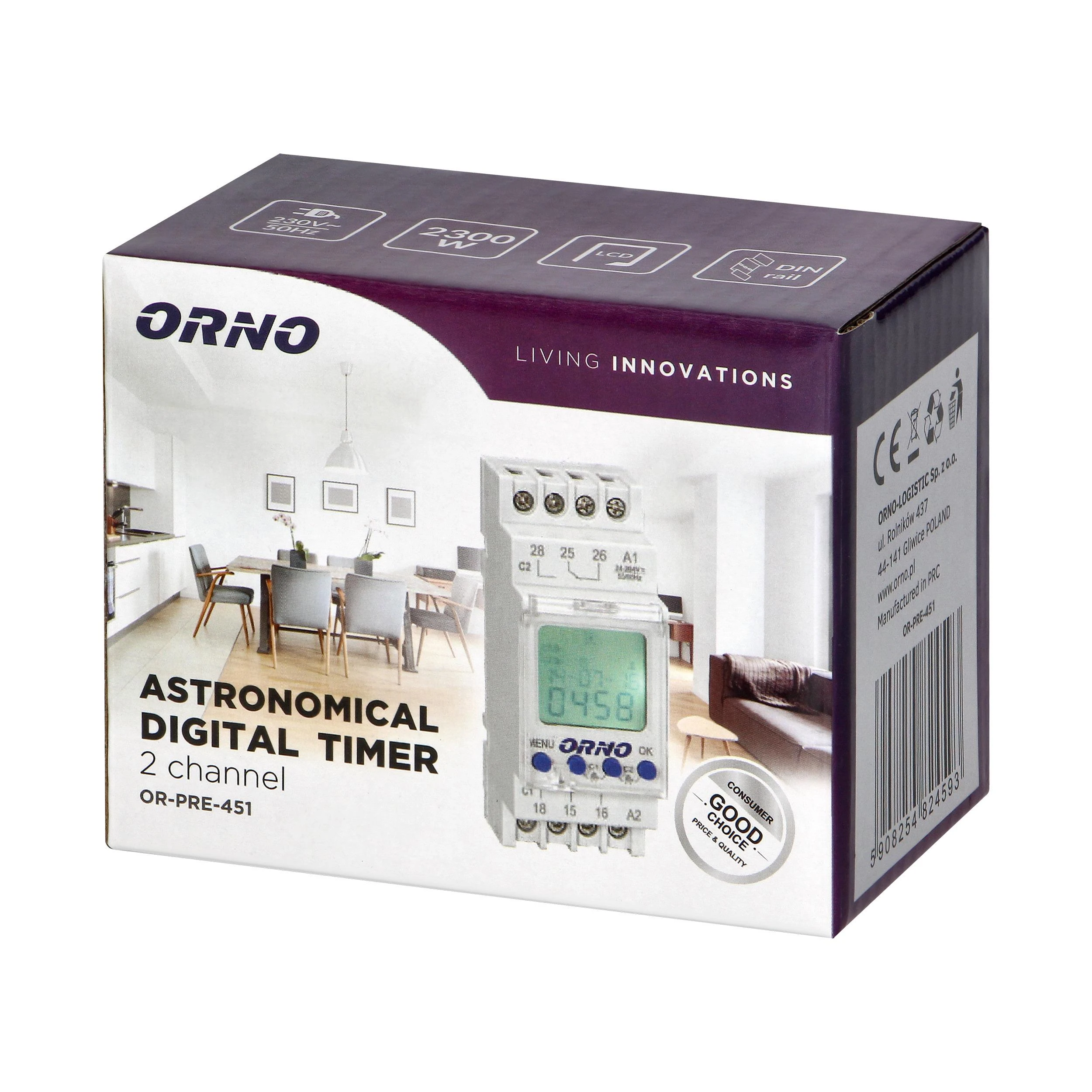 Orno Elektroninis Elektroninis astronomijos ir laiko programuotojas, 100 programų, 3 meniu kalbos, 2 reliniai išėjimai, maks. 16A/230V, 2 modulių pločio, DIN TH-35mm