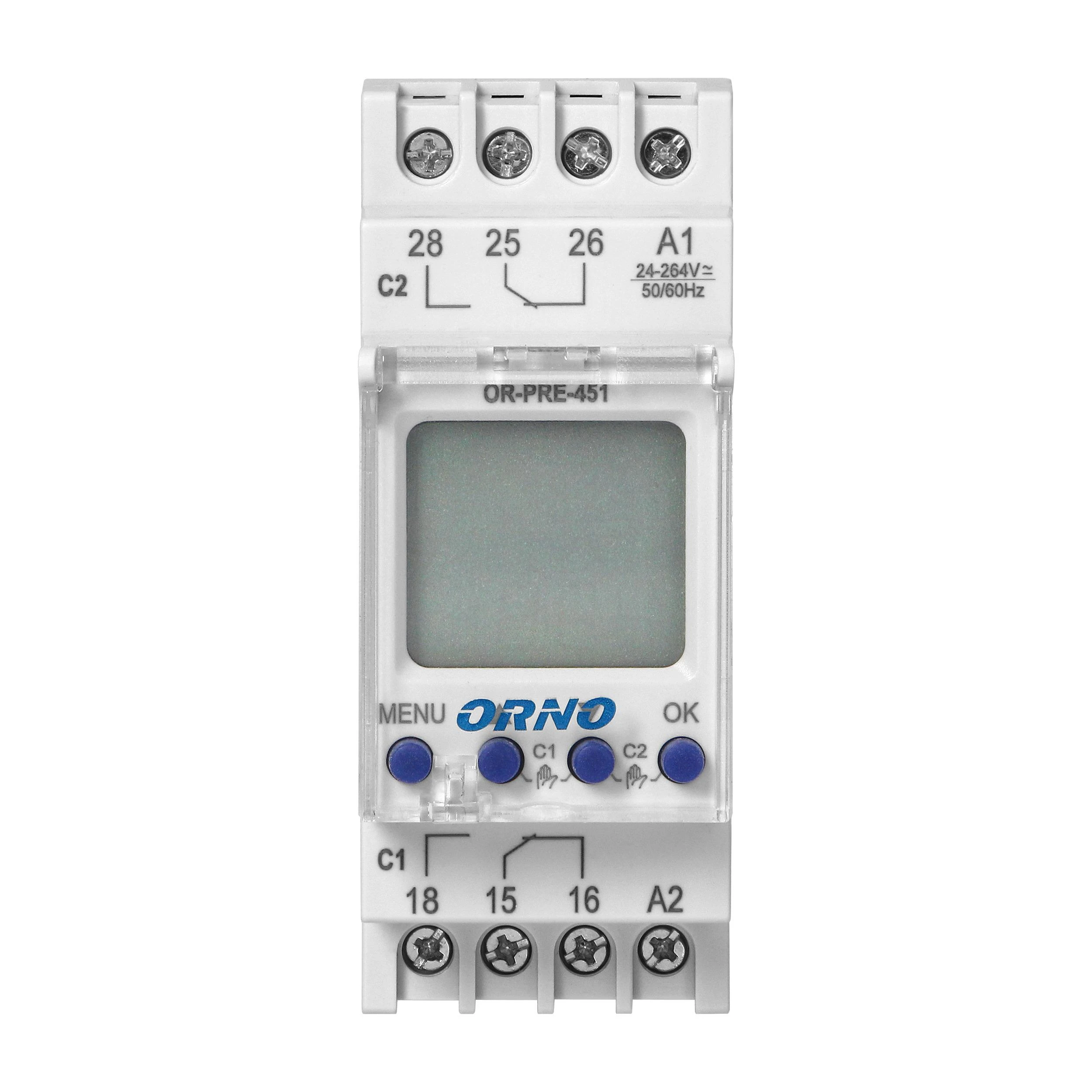 Orno Elektroninis Elektroninis astronomijos ir laiko programuotojas, 100 programų, 3 meniu kalbos, 2 reliniai išėjimai, maks. 16A/230V, 2 modulių pločio, DIN TH-35mm