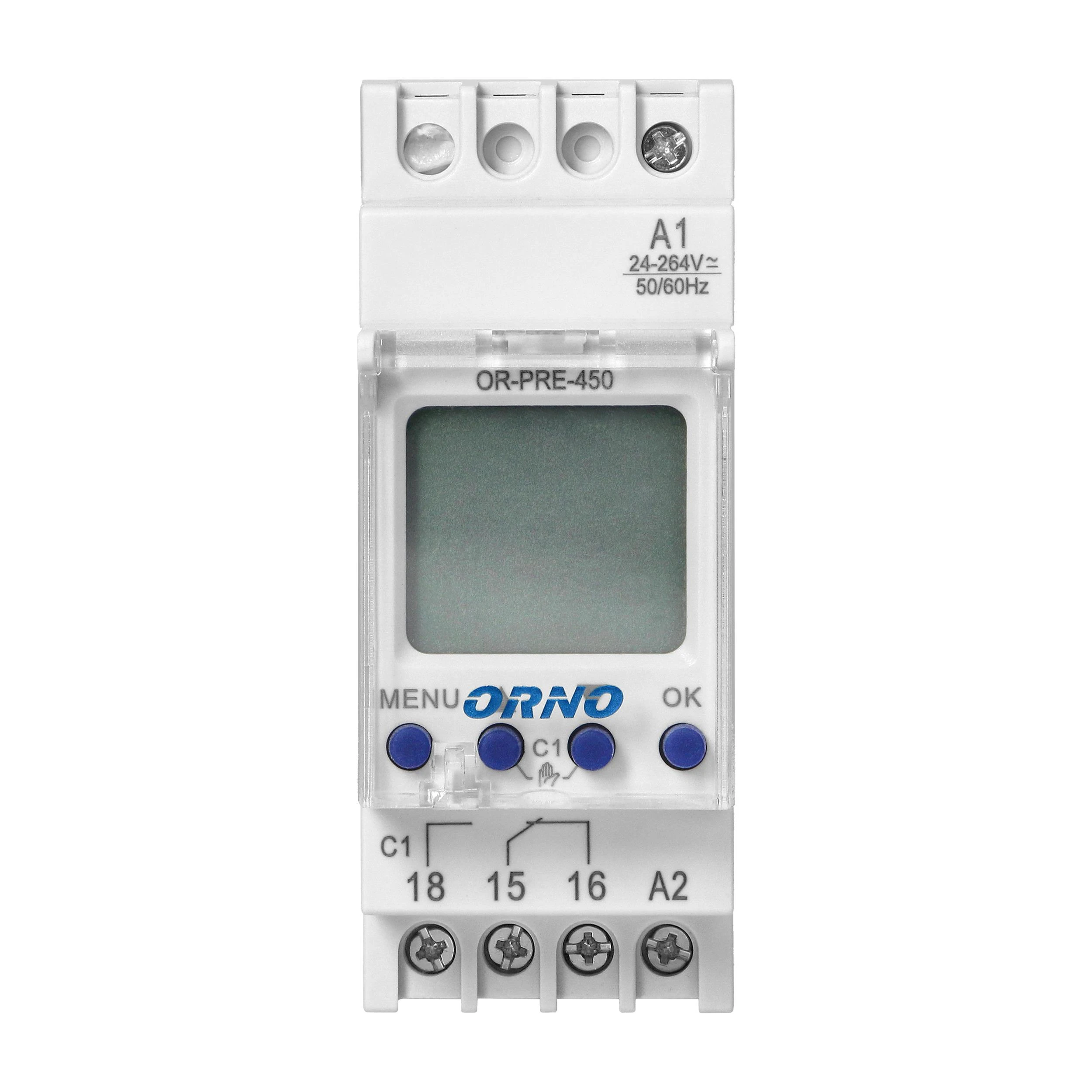 Orno Elektroninis Elektroninis astronomijos ir laiko programuotojas, 52 programos, 3 meniu kalbos, 1 relinis išėjimas, maks. 16A/230V, 2 modulių pločio, DIN TH-35mm