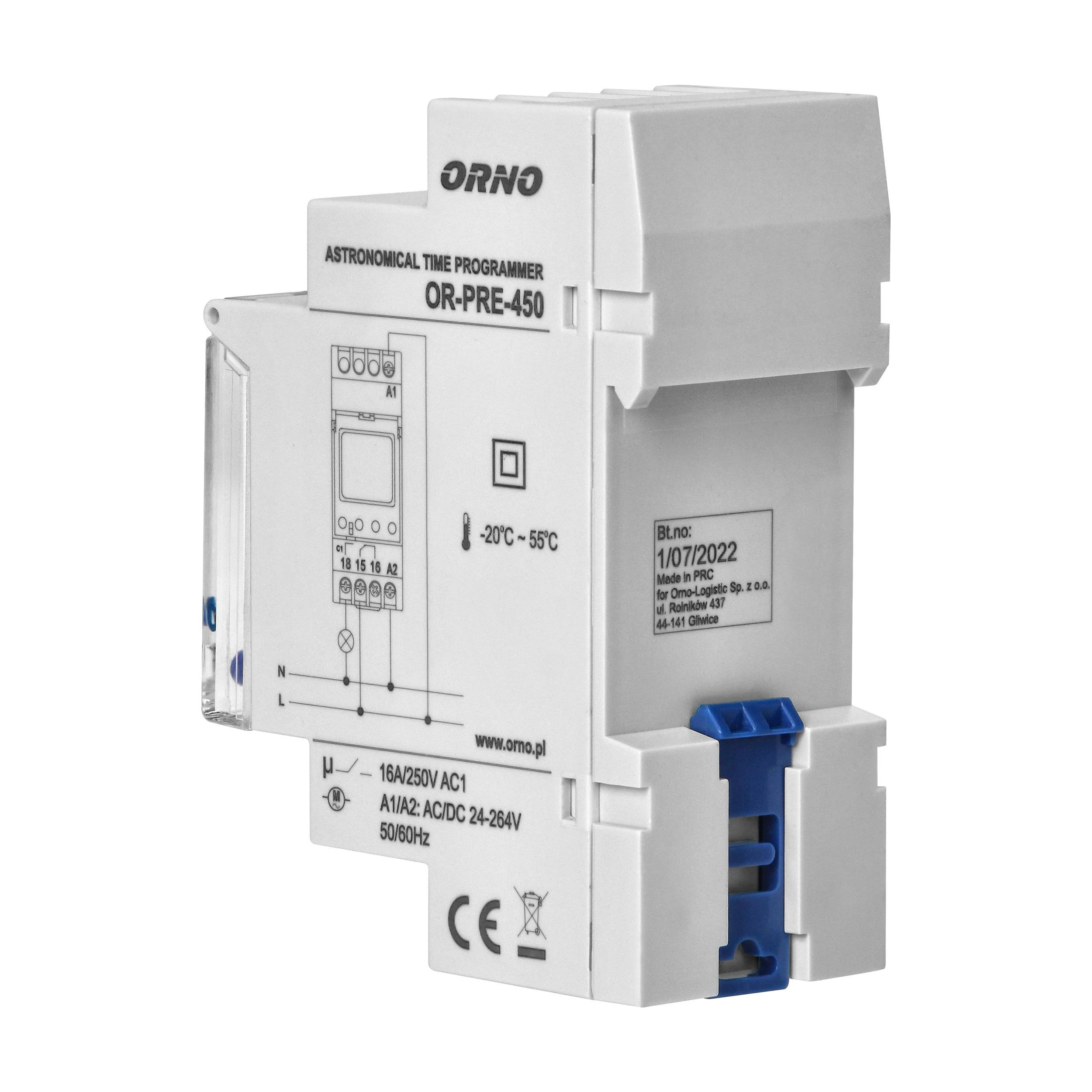 Orno Elektroninis Elektroninis astronomijos ir laiko programuotojas, 52 programos, 3 meniu kalbos, 1 relinis išėjimas, maks. 16A/230V, 2 modulių pločio, DIN TH-35mm