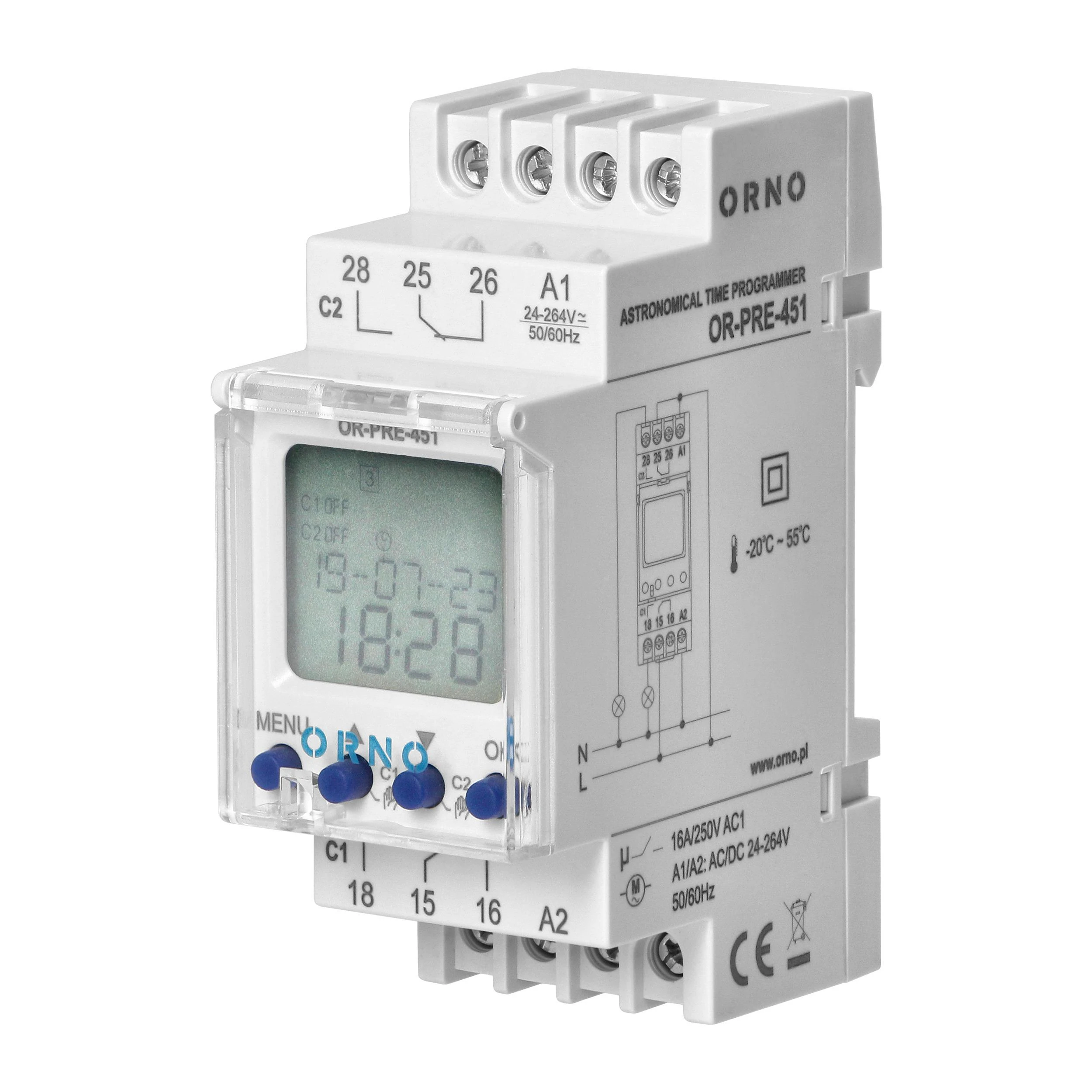Orno Elektroninis Elektroninis astronomijos ir laiko programuotojas, 100 programų, 3 meniu kalbos, 2 reliniai išėjimai, maks. 16A/230V, 2 modulių pločio, DIN TH-35mm
