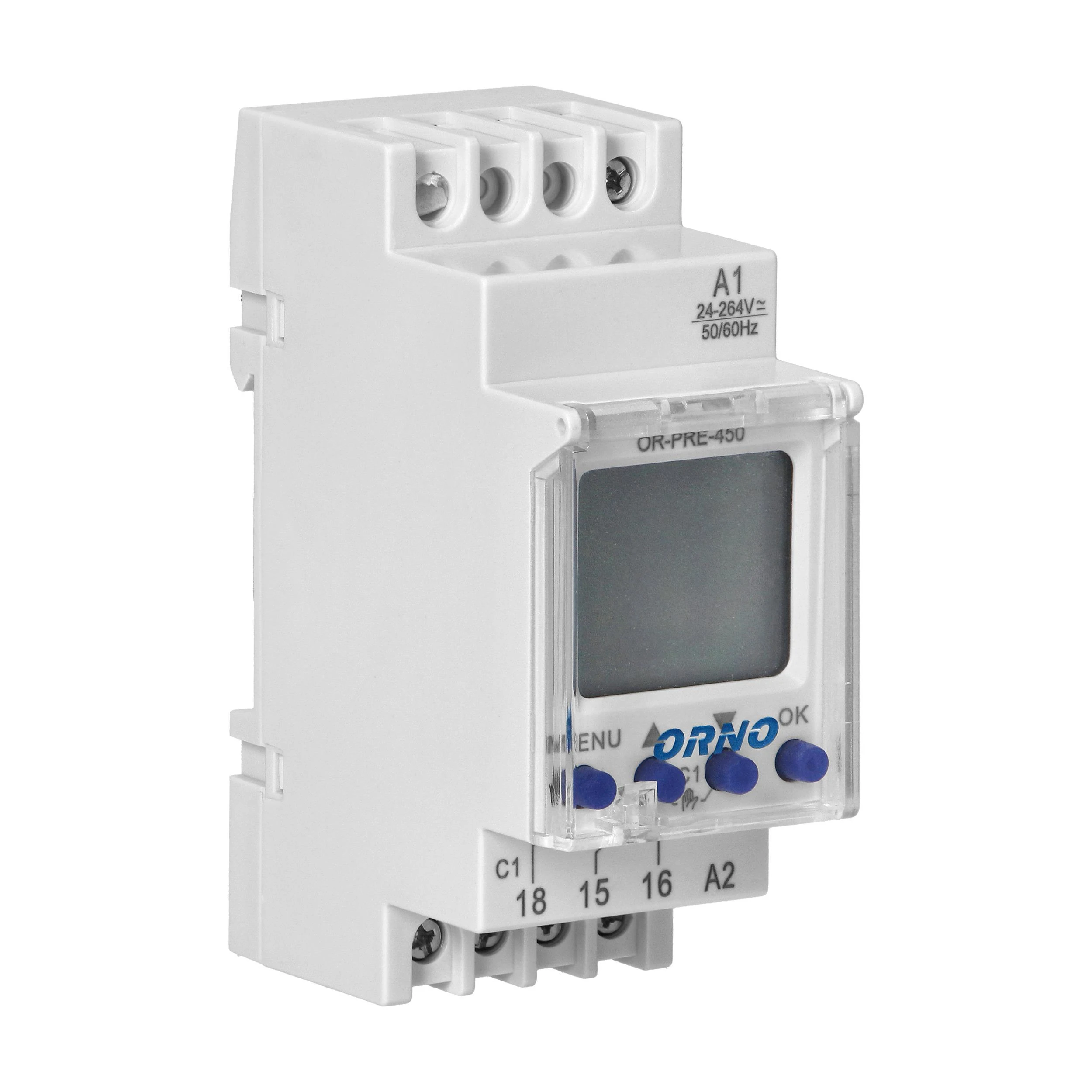 Orno Elektroninis Elektroninis astronomijos ir laiko programuotojas, 52 programos, 3 meniu kalbos, 1 relinis išėjimas, maks. 16A/230V, 2 modulių pločio, DIN TH-35mm