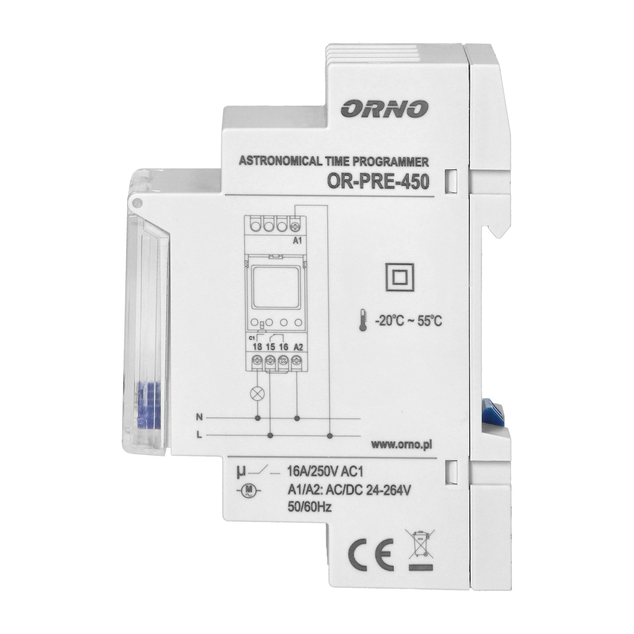 Orno Elektroninis Elektroninis astronomijos ir laiko programuotojas, 52 programos, 3 meniu kalbos, 1 relinis išėjimas, maks. 16A/230V, 2 modulių pločio, DIN TH-35mm