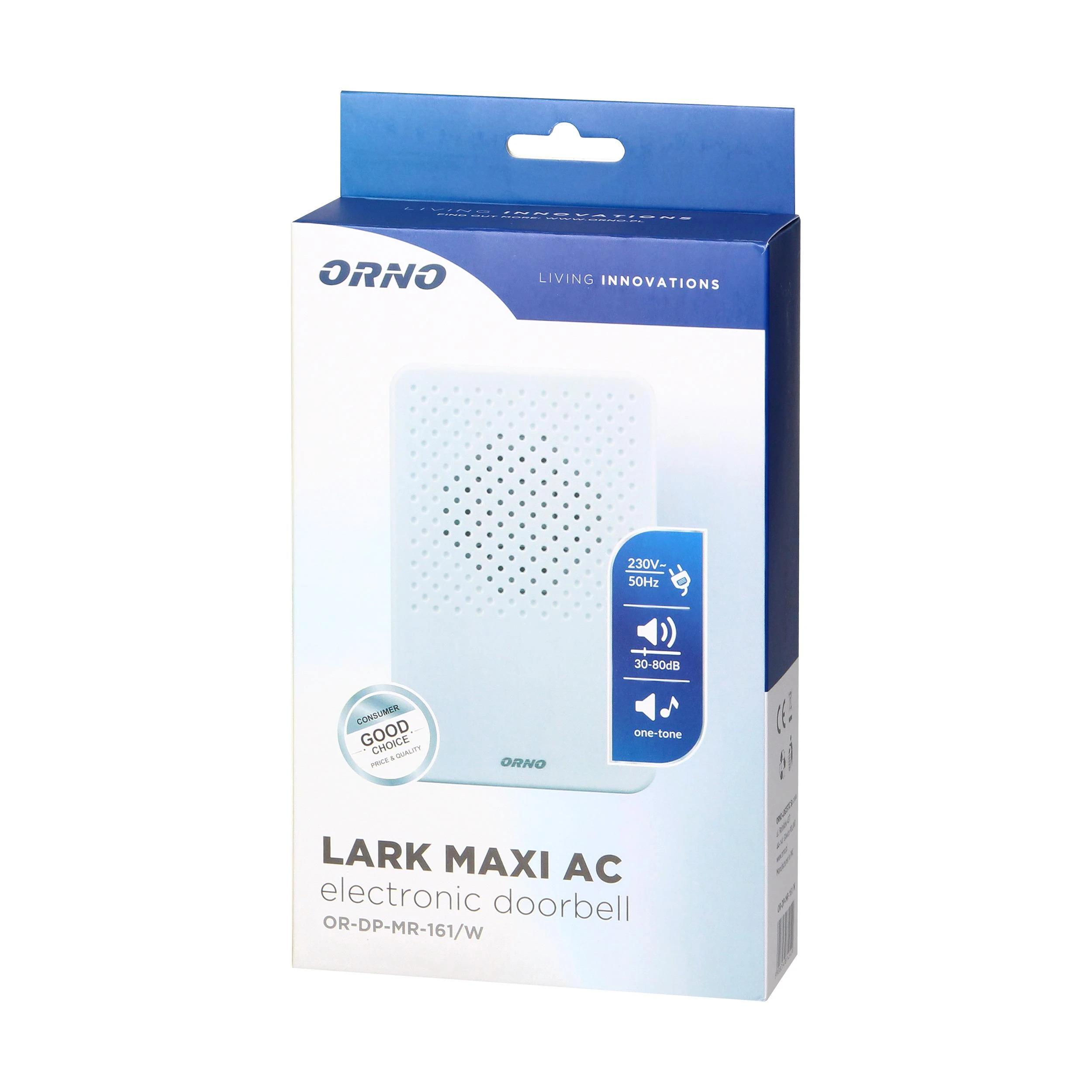 Orno Dzwonek Vieno tono laidinis elektroninis durų skambutis LARK MAXI AC, 230V, baltas