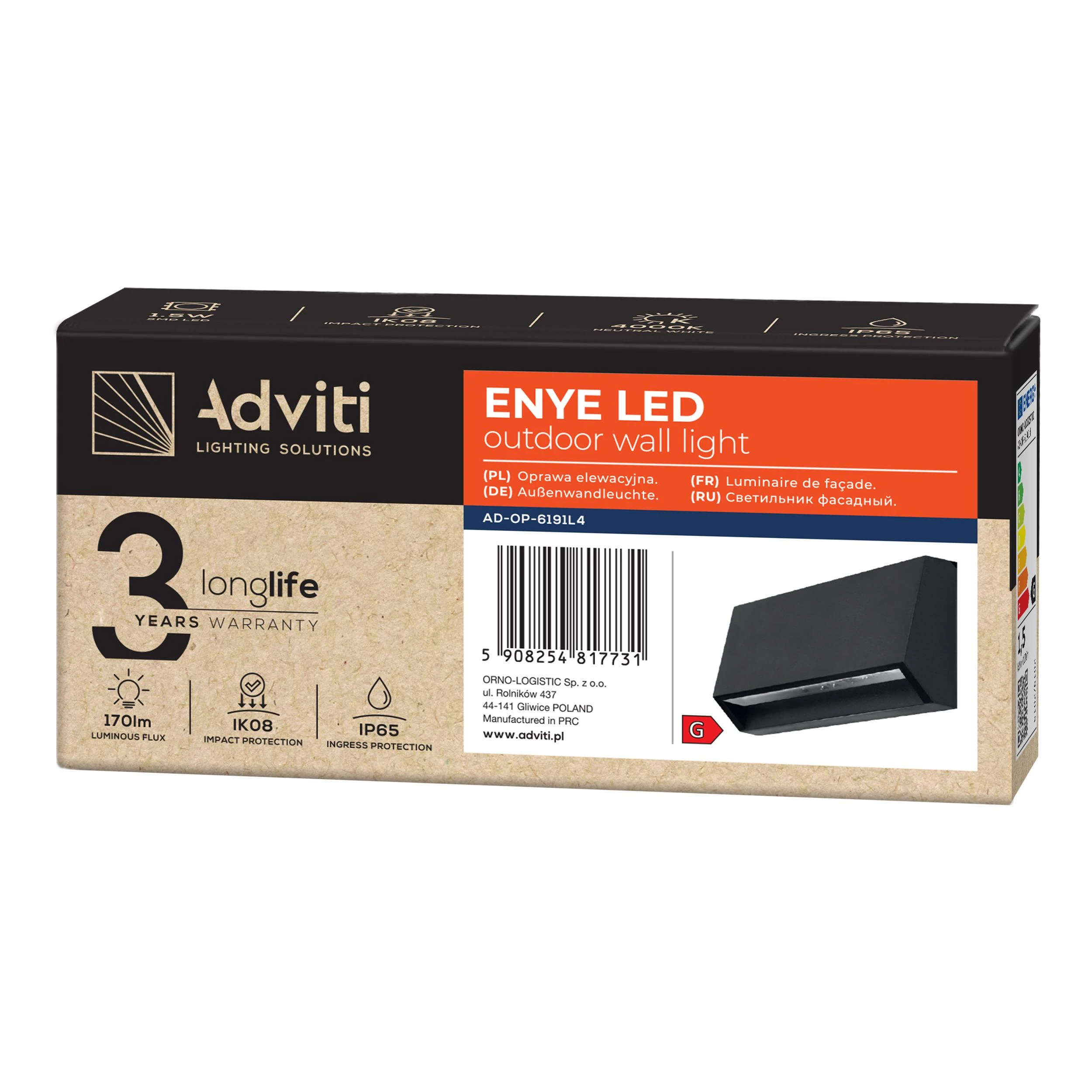 Sieninis šviestuvas Orno ENYE LED 3W, fasadinis šviestuvas, 170lm, IP65, 4000K,