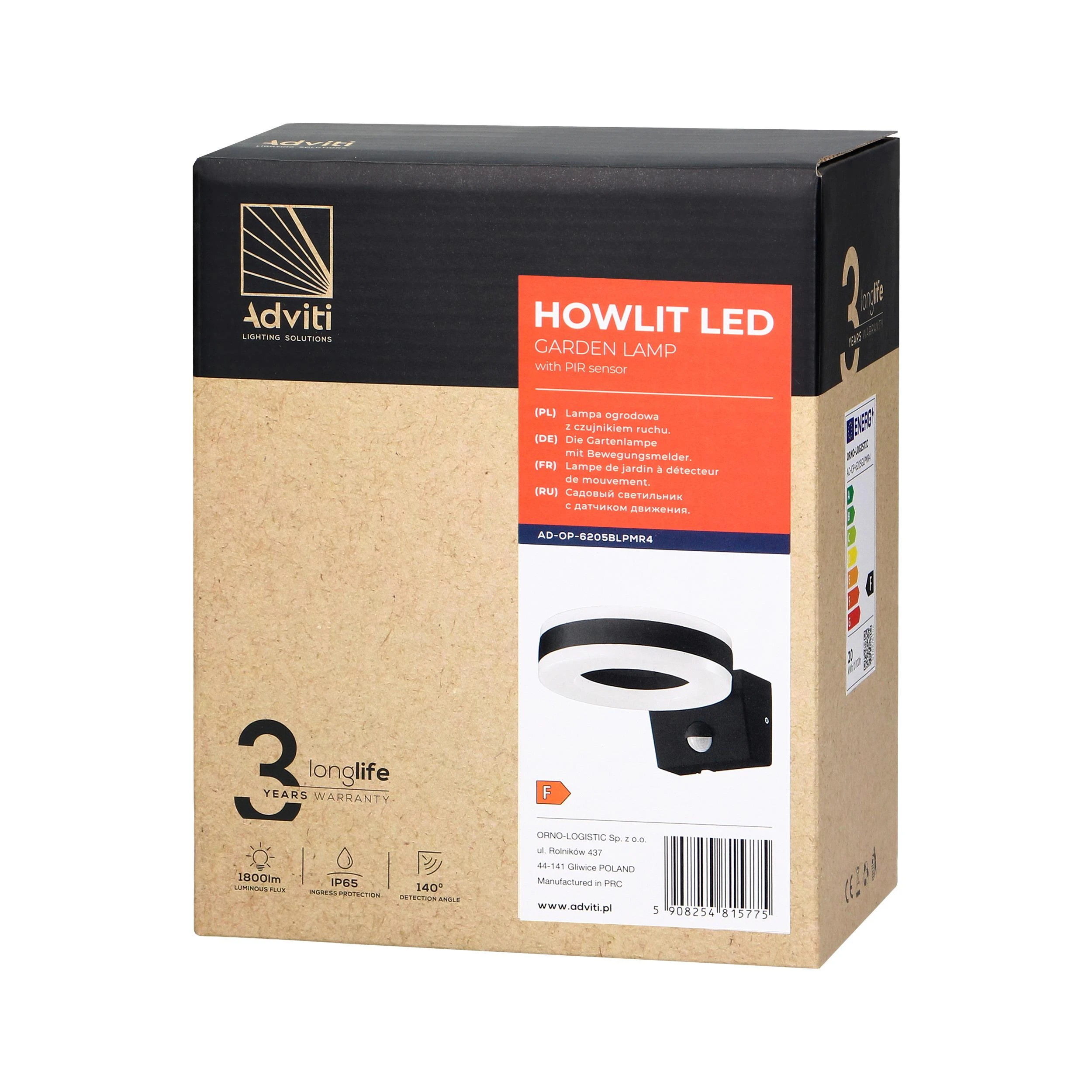 Sieninis šviestuvas Orno HOWLIT LED 20W, sodo šviestuvas su judesio jutikliu, 1800lm, IP65, 4000K, juodas