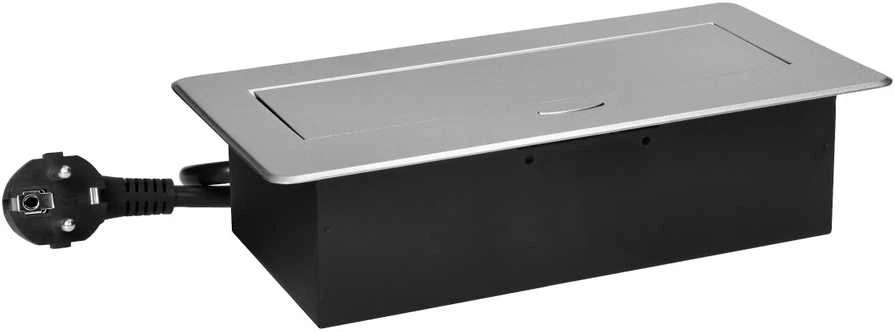 Orno Gniazda Į stalviršį įleidžiami baldų lizdai su plokščiu frezuotu kraštu, USB įkrovikliu ir 1,5 m laidu, 2x2P+Z, 2xUSB (A+C tipo; 3,6A), sidabrinės spalvos