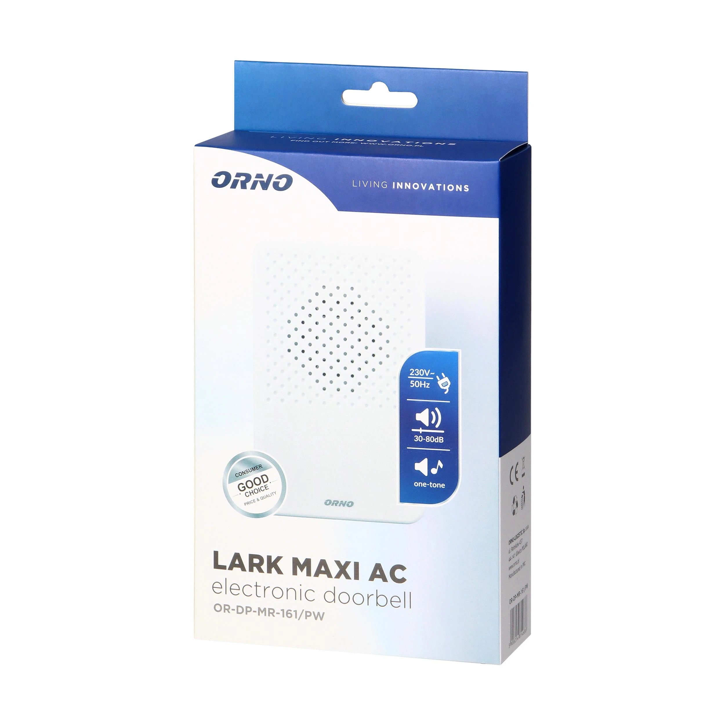 Orno Dzwonek Vieno tono laidinis elektroninis durų skambutis LARK MAXI AC, 230V, sniego baltumo