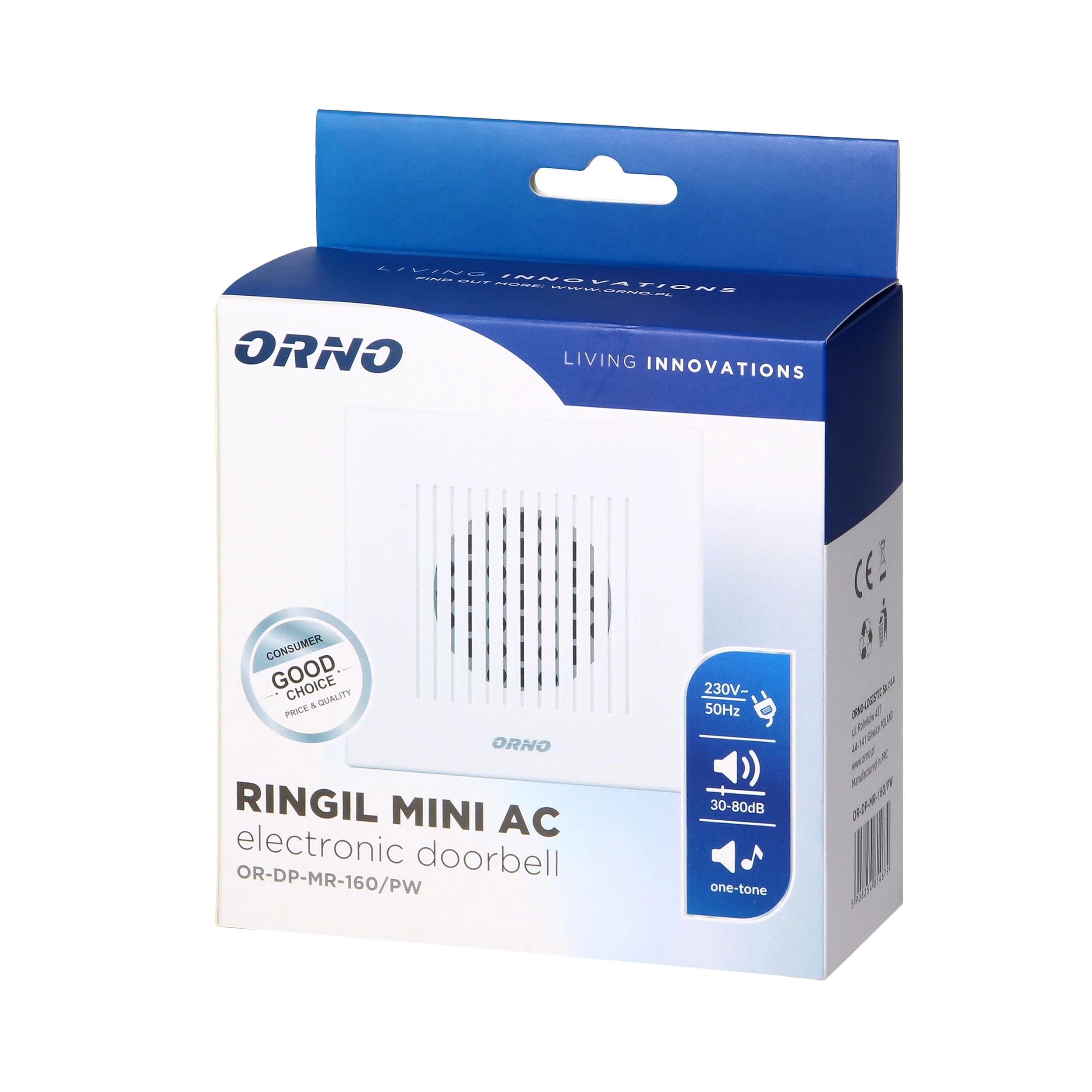 Orno Dzwonek Vientonis laidinis elektroninis durų skambutis RINGIL MINI AC, 230V, sniego baltumo