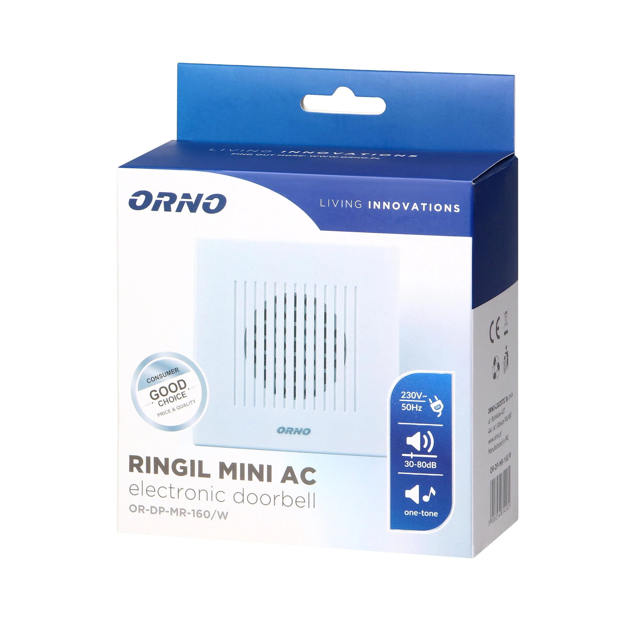 Orno Dzwonek Vieno tono laidinis elektroninis durų skambutis RINGIL MINI AC, 230V, baltas