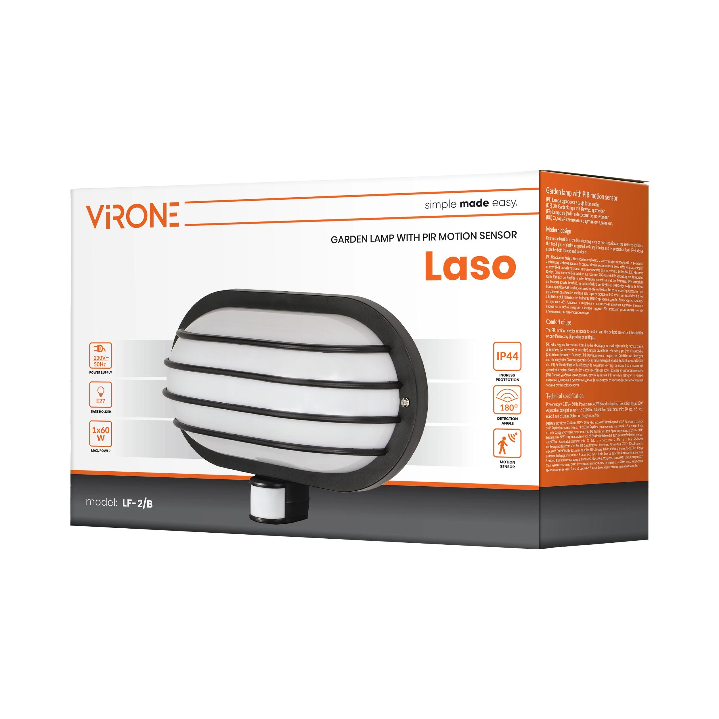 Sieninis šviestuvas Orno LASO, sodo šviestuvas su 180° judesio jutikliu, 1x15W, E27, IP44, plastikinis, juodas