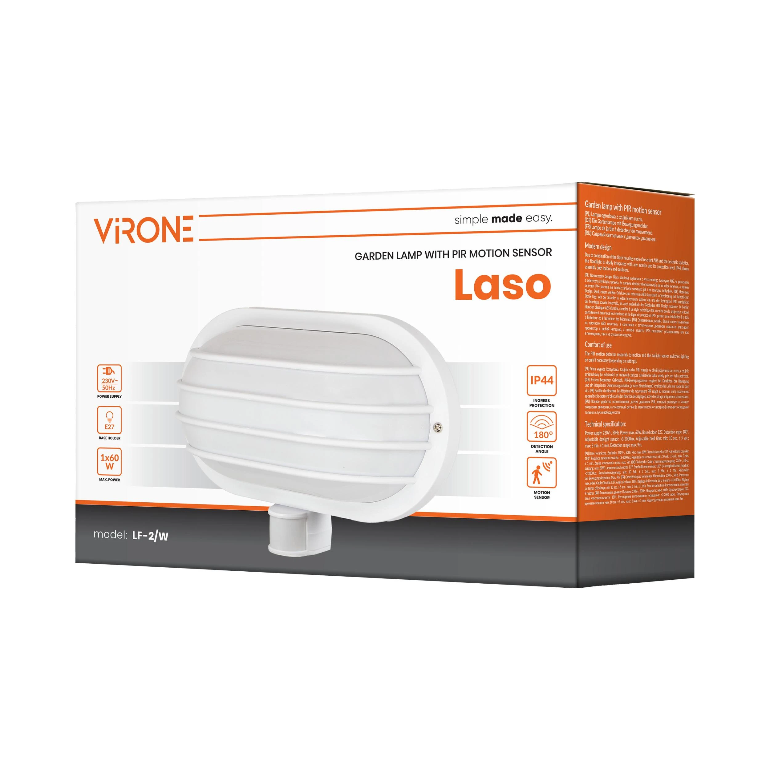 Sieninis šviestuvas Orno LASO, sodo šviestuvas su 180° judesio jutikliu, 1x60W, E27, IP44, plastikinis, baltas