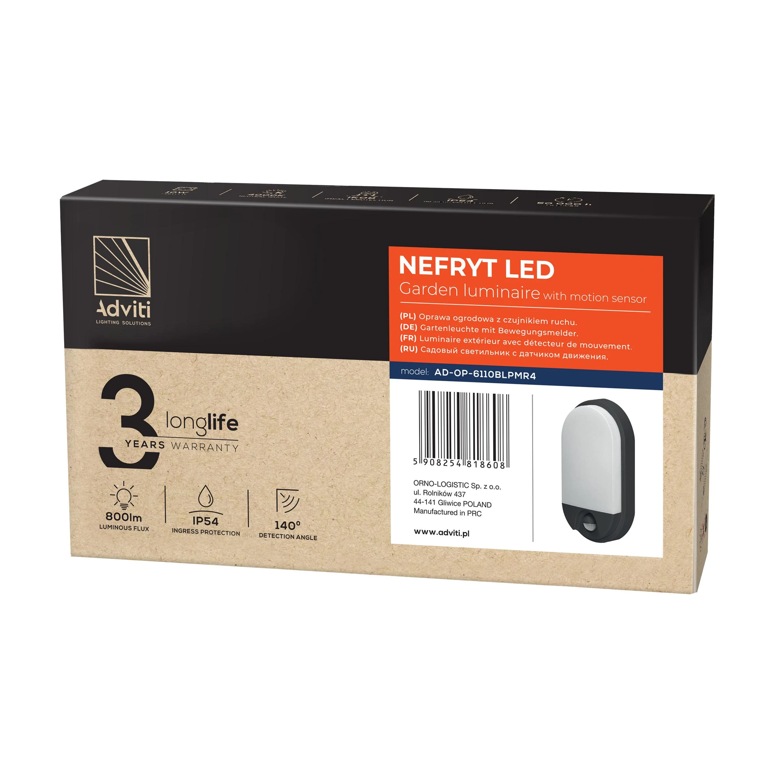 Sieninis šviestuvas Orno NEFRYT LED 10W, sodo šviestuvas su judesio jutikliu, 800lm, IP54, 4000K, juodas