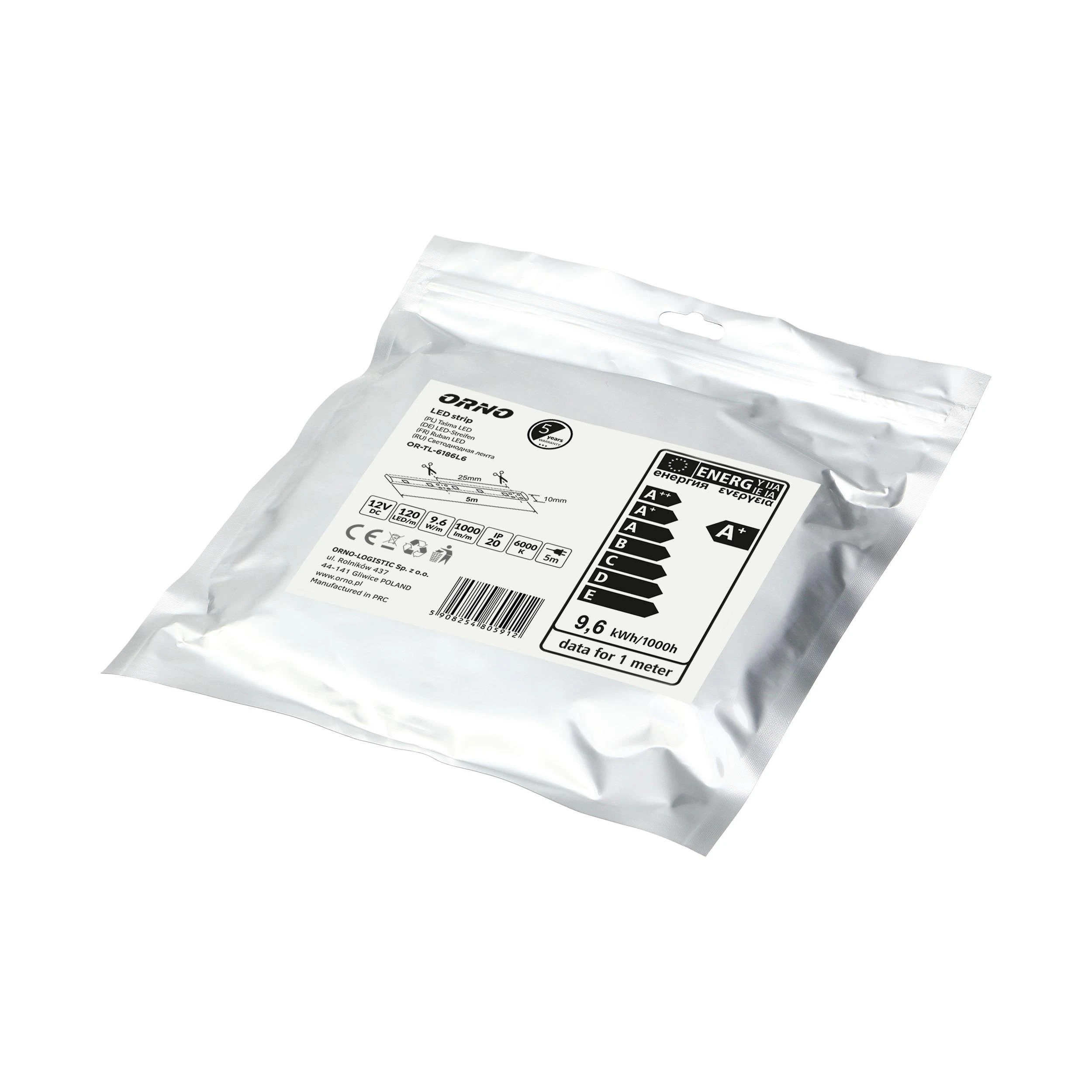 Orno Taśma LED juosta 12V DC, 2835smd, 120LED/m, 9.6W/m, IP20, 6000K, 5m ritinėlis