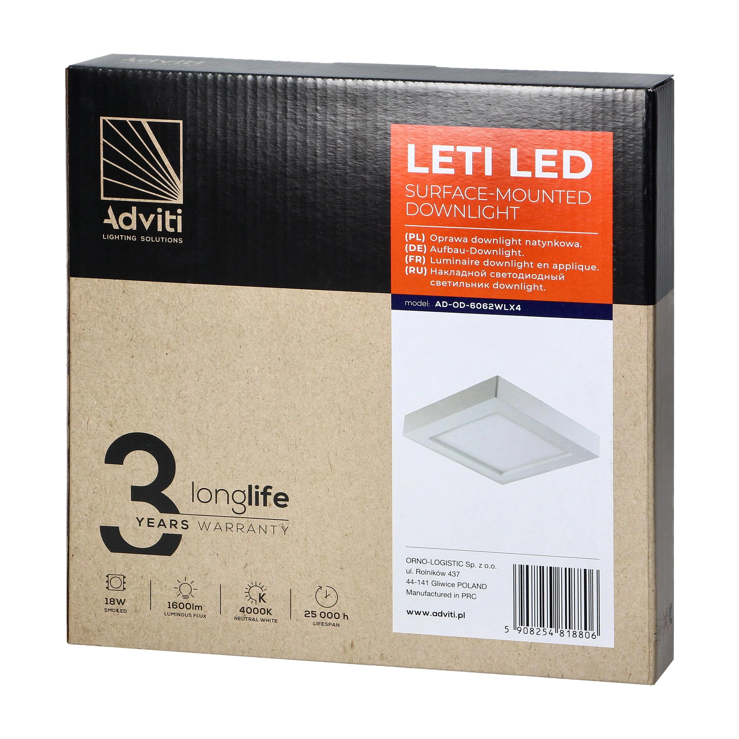 Lubinis šviestuvas Orno LETI LED 18W, įleidžiamas šviestuvas, paviršinio montavimo, kvadratinis, 1600lm, 4000K, baltas, įmontuotas LED maitinimo šaltinis